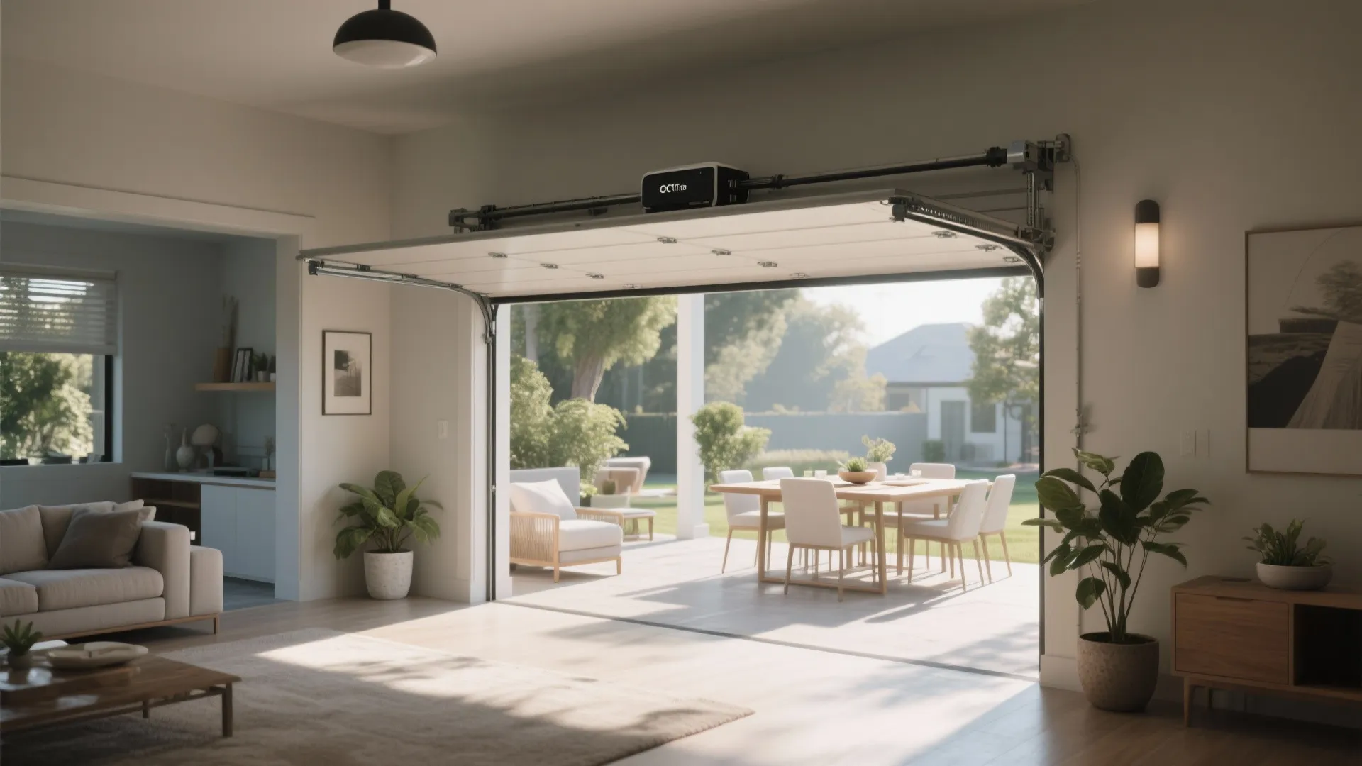 Living room with motorized garage door opening to a patio, showing indoor-outdoor flow