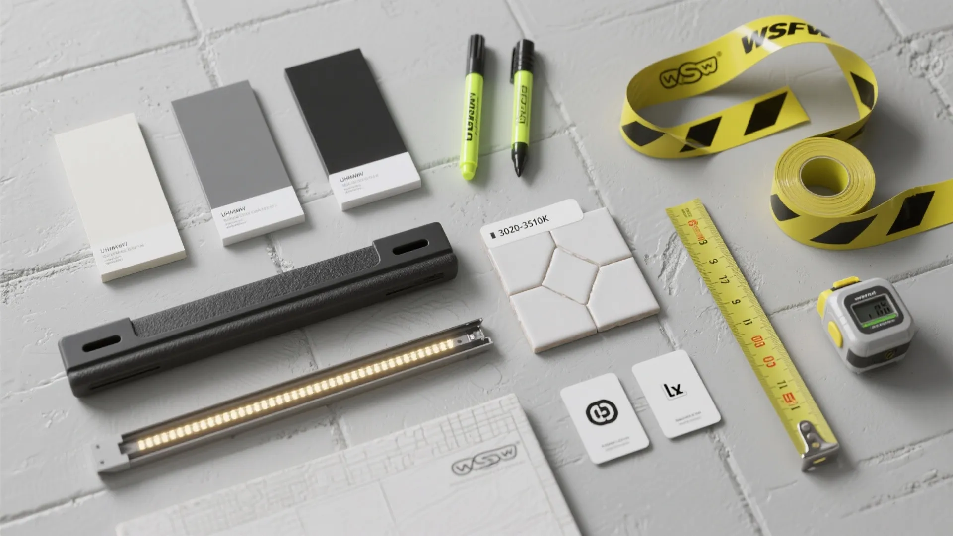 Garage renovation tools with floor tiles color samples light fixture tape measure and yellow hazard tape