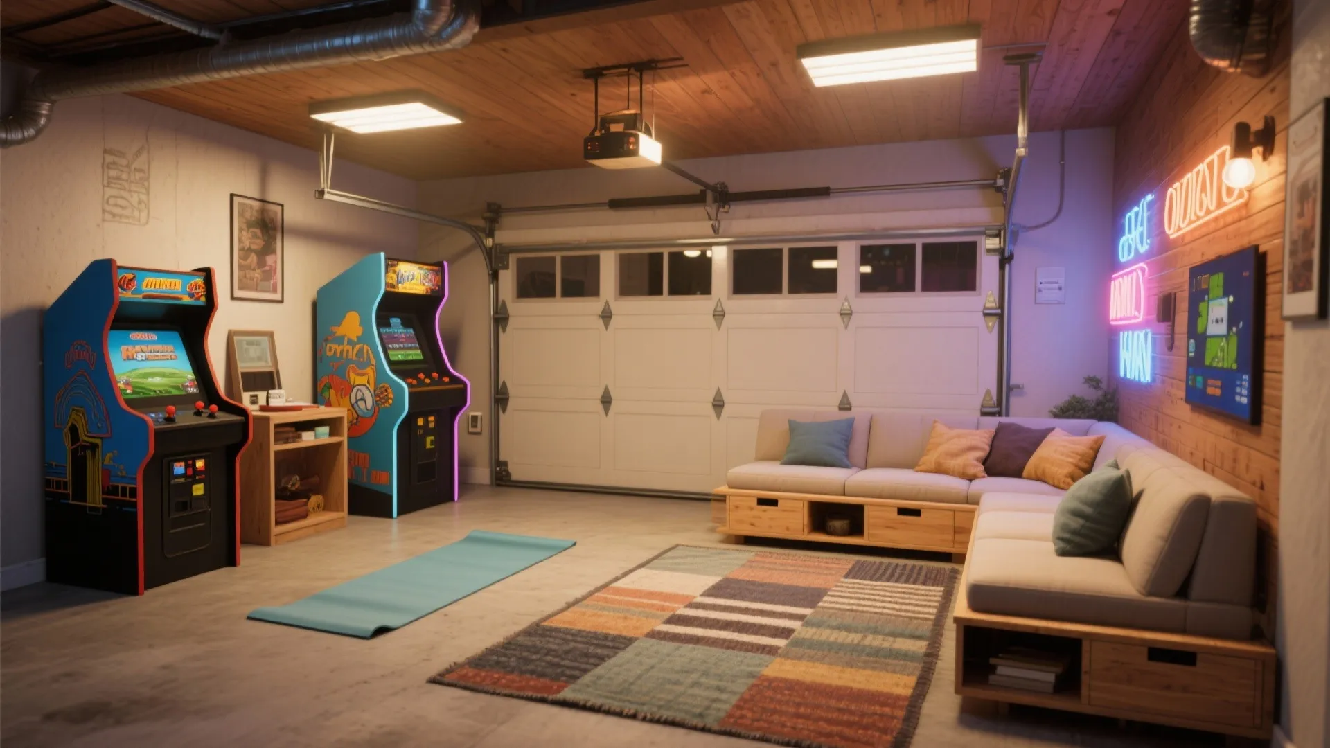 Garage game room featuring two arcade machines, corner sofa, patterned rug, and glowing neon wall