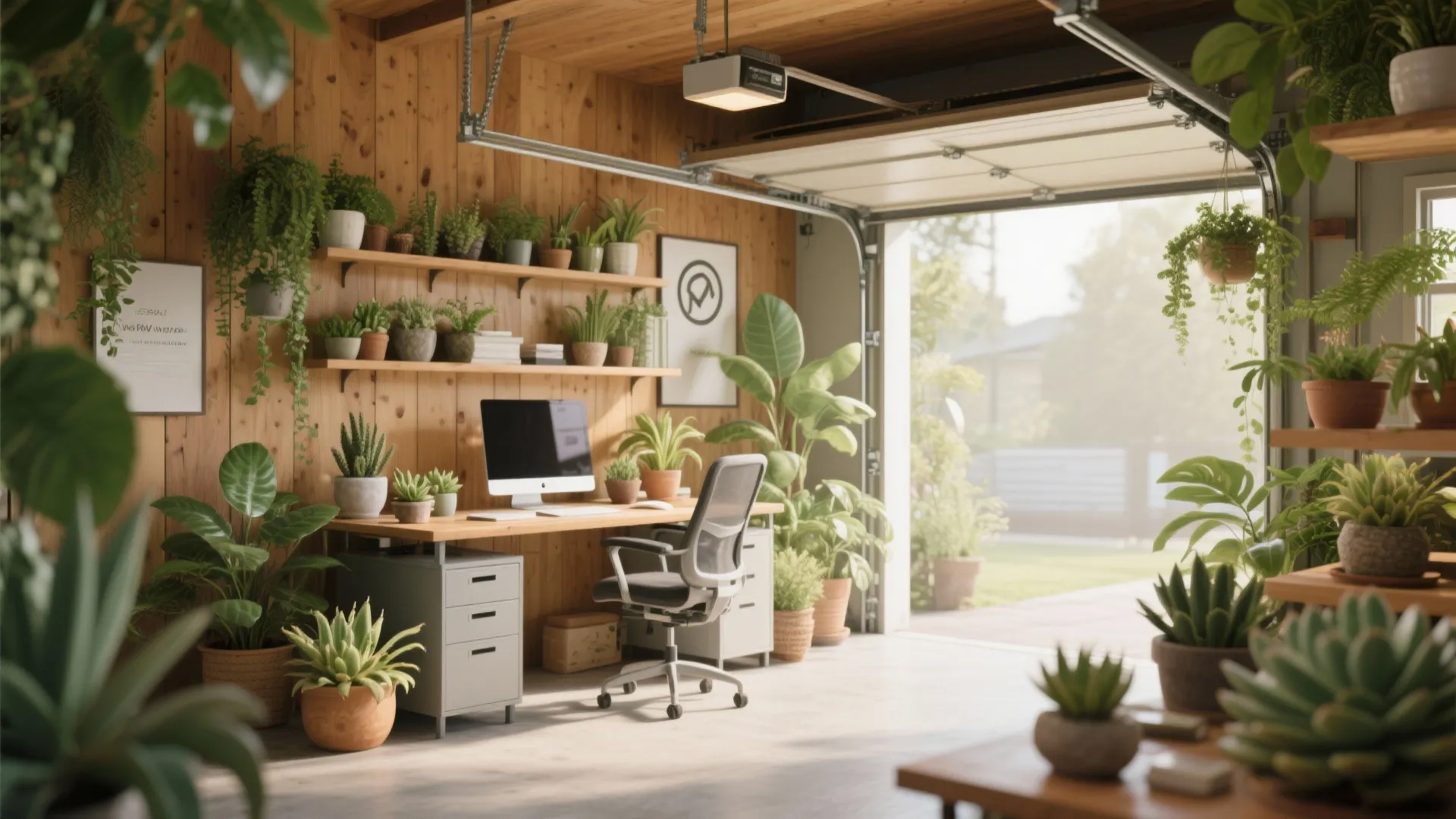 Bright garage home office with wooden walls, many green plants, white desk, and open door