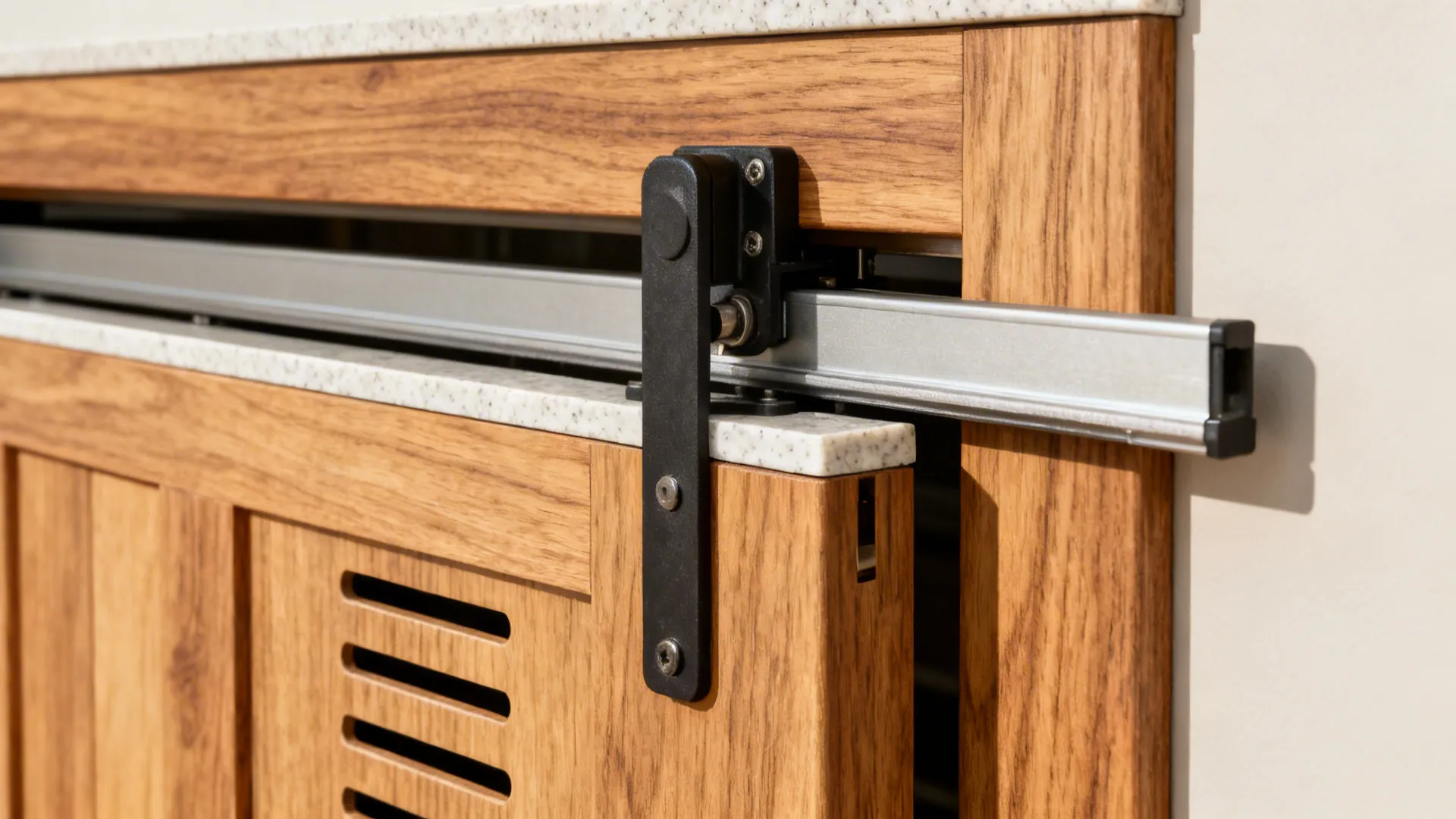 Close-up of pocket door slides and rear vent slots inside an appliance garage.