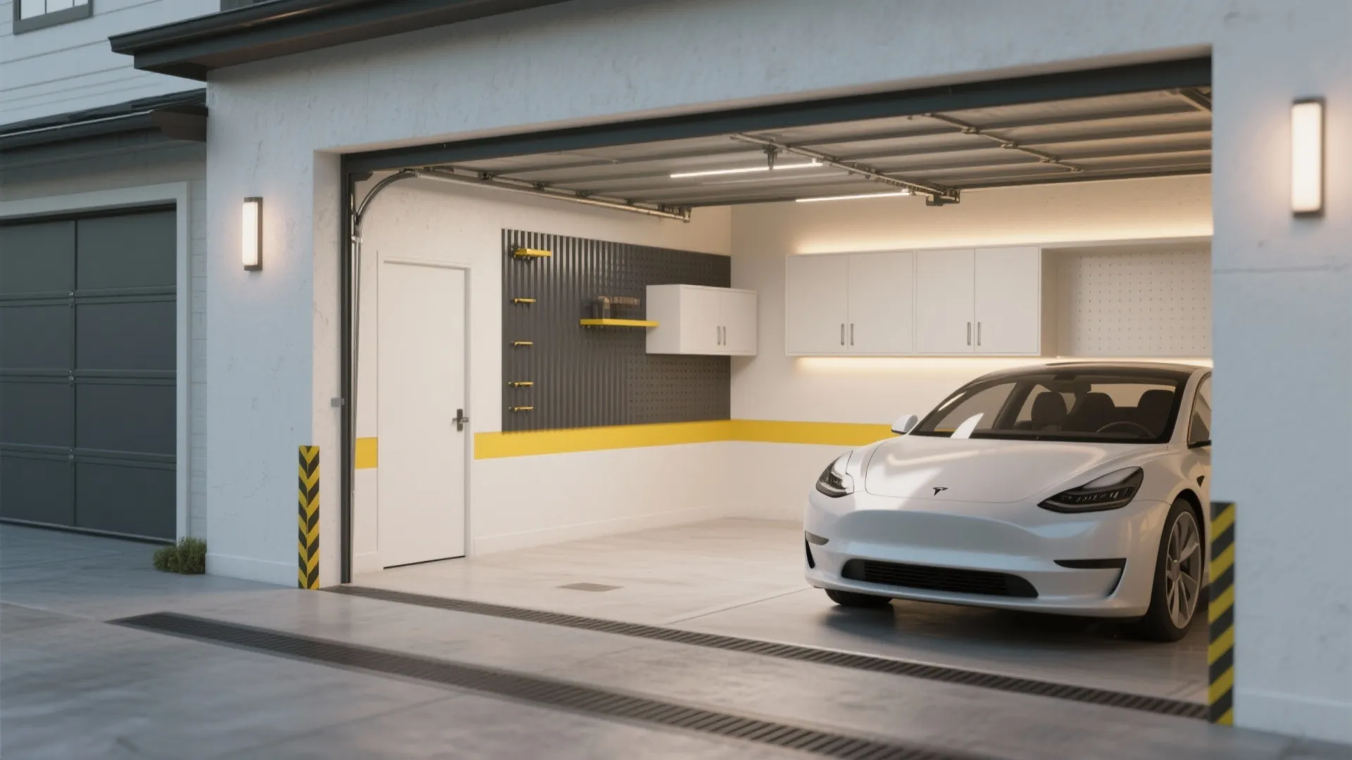 Modern white garage interior with white electric car wall cabinets and yellow stripe wall design