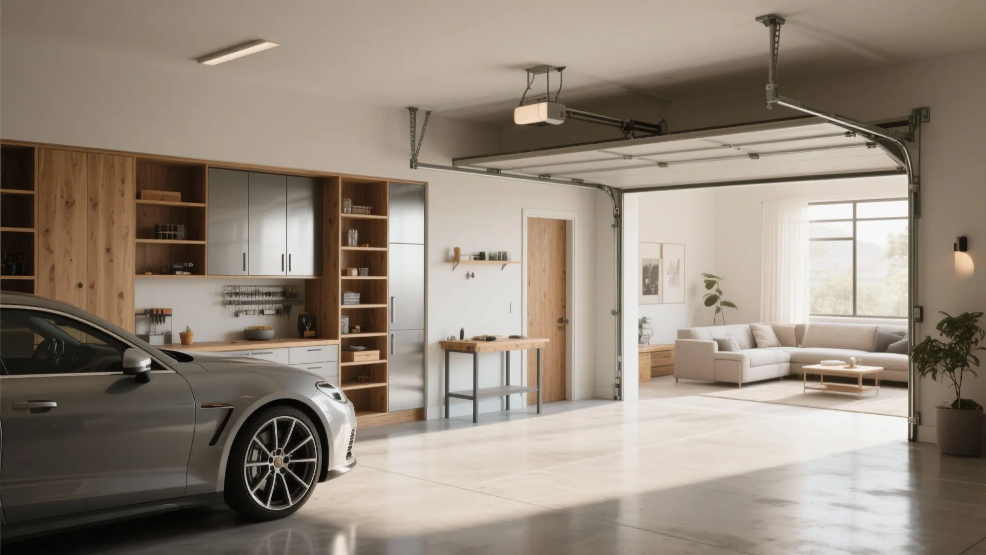 Modern garage interior with silver car wooden storage cabinets and view into bright living room