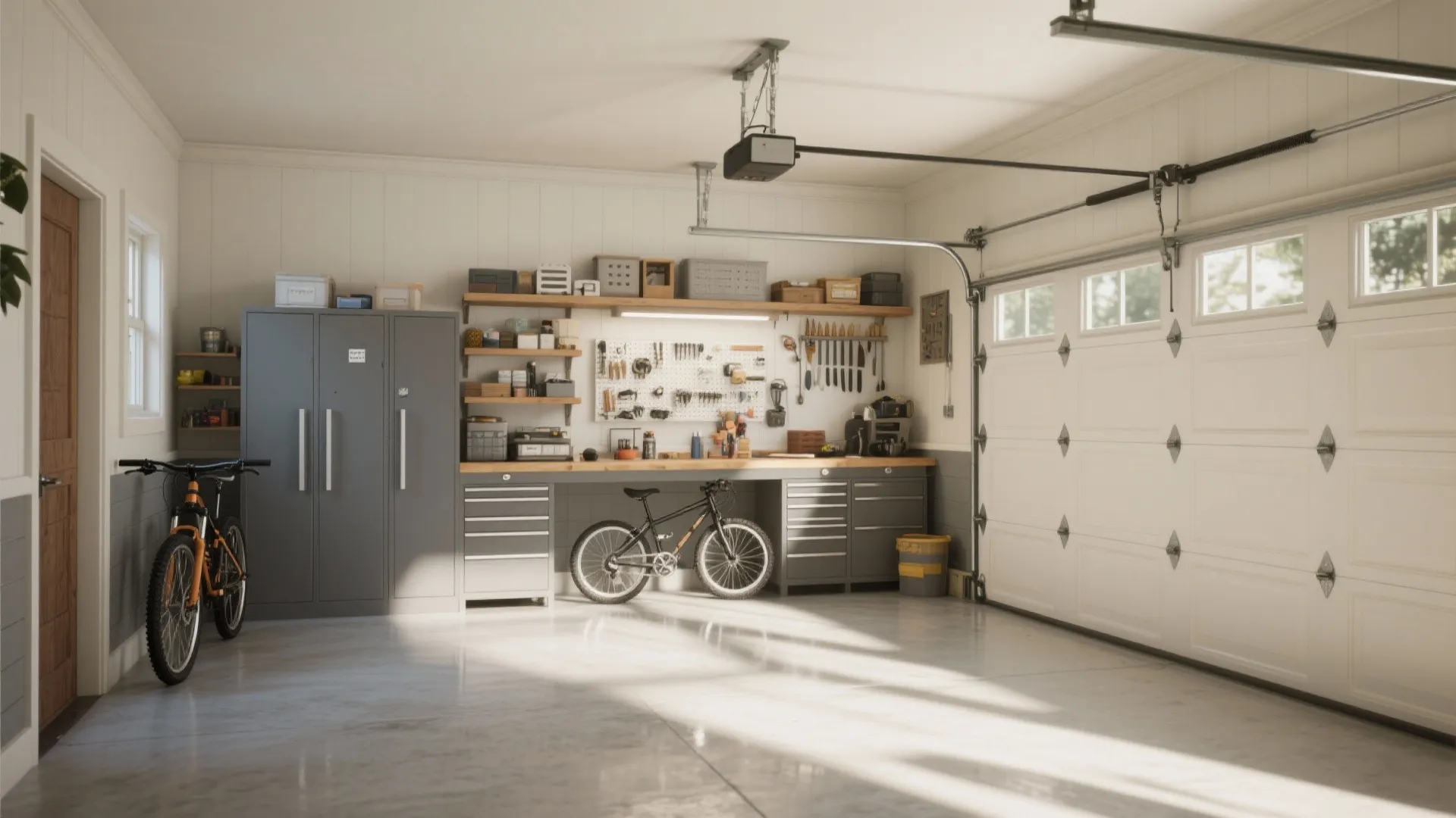 Clean organized garage with grey storage cabinets wall shelves white garage door and two bicycles
