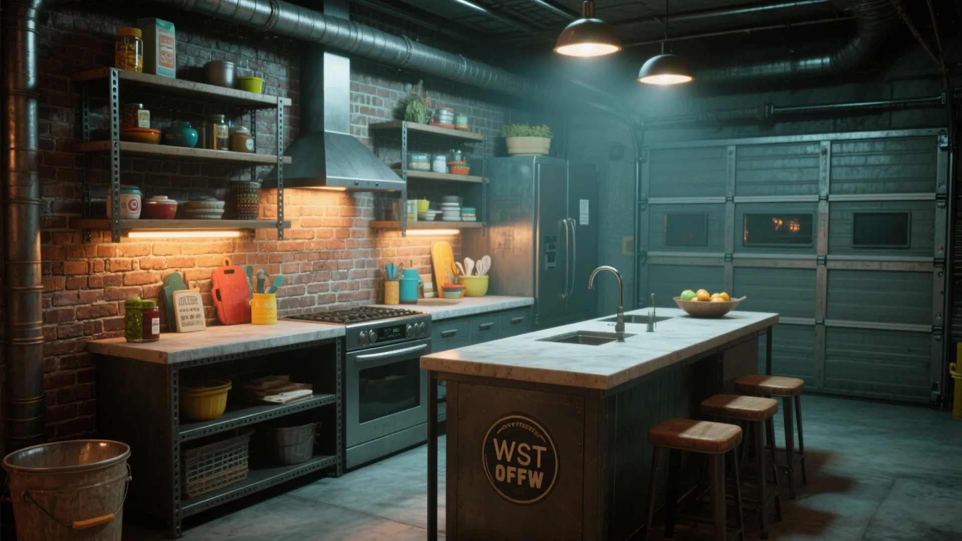 Industrial garage kitchen with brick walls metal shelving stove sink kitchen island and wooden bar stools