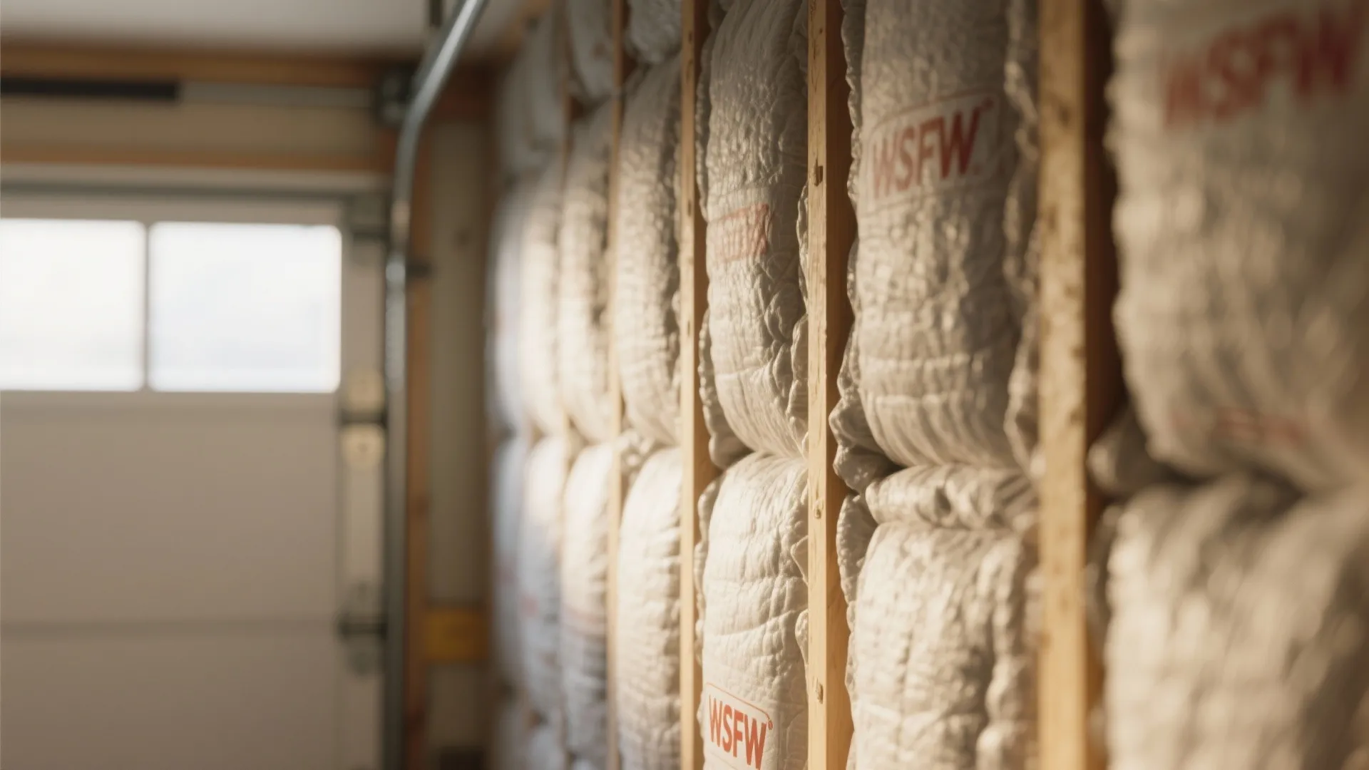 Close up of white insulation material being installed inside a garage wall with wooden studs