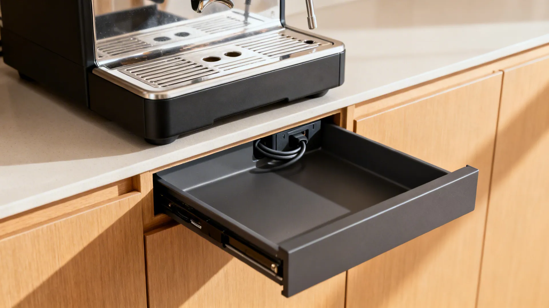 Close-up of pull-out tray with drip tray and concealed outlet in appliance garage.