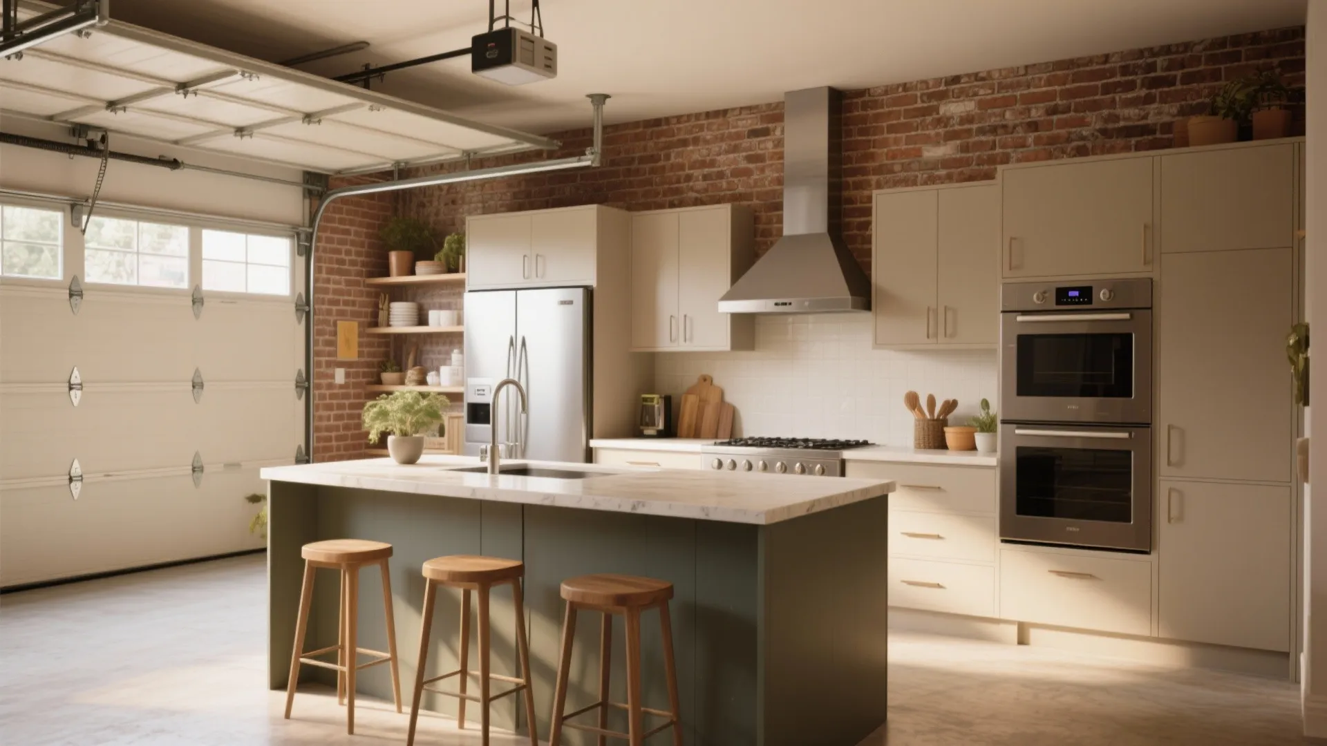 Industrial kitchen design with brick walls green kitchen island wooden stools and a garage door