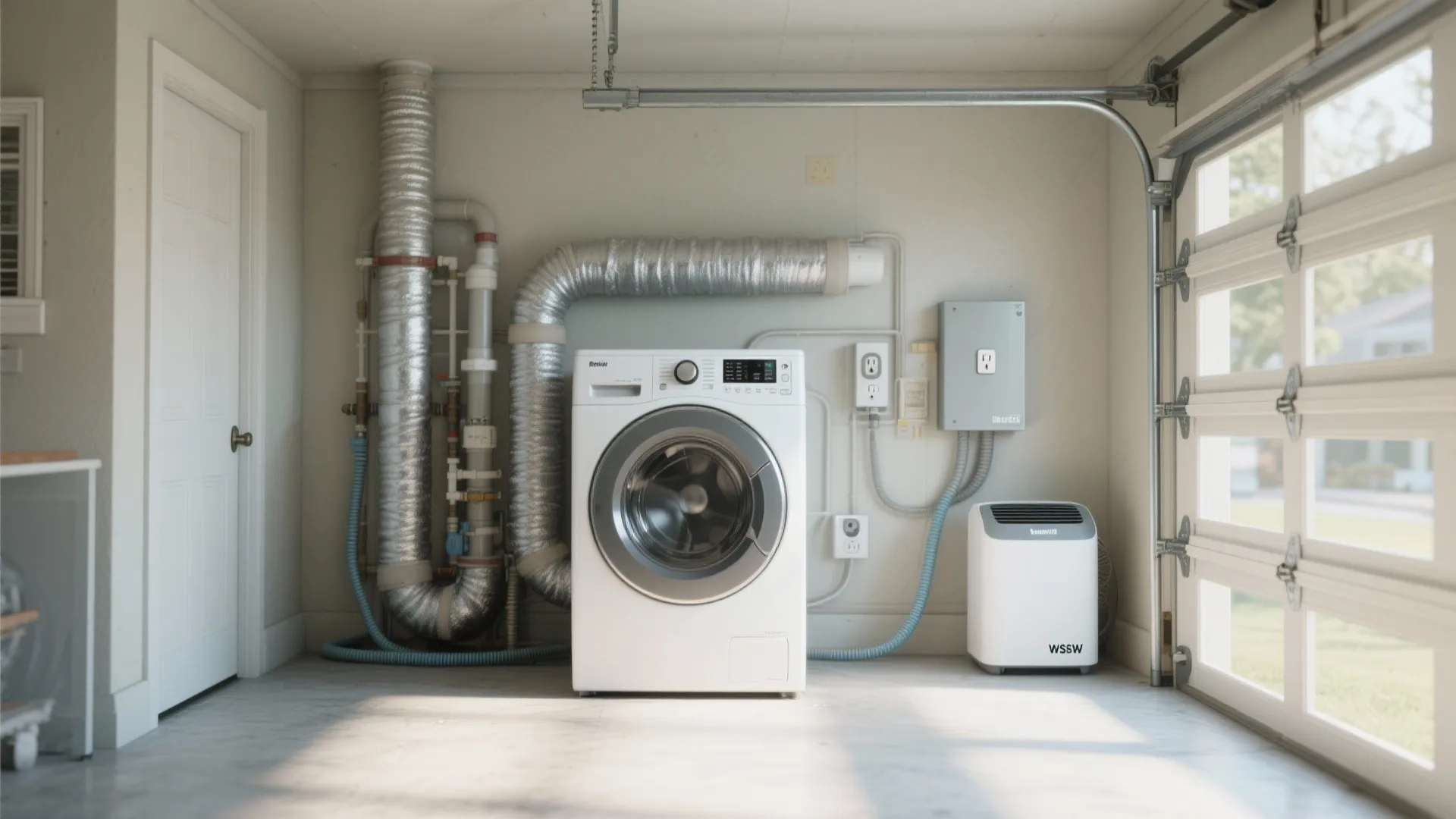 Garage laundry setup highlighting venting, insulated hoses, dedicated outlet and dehumidifier