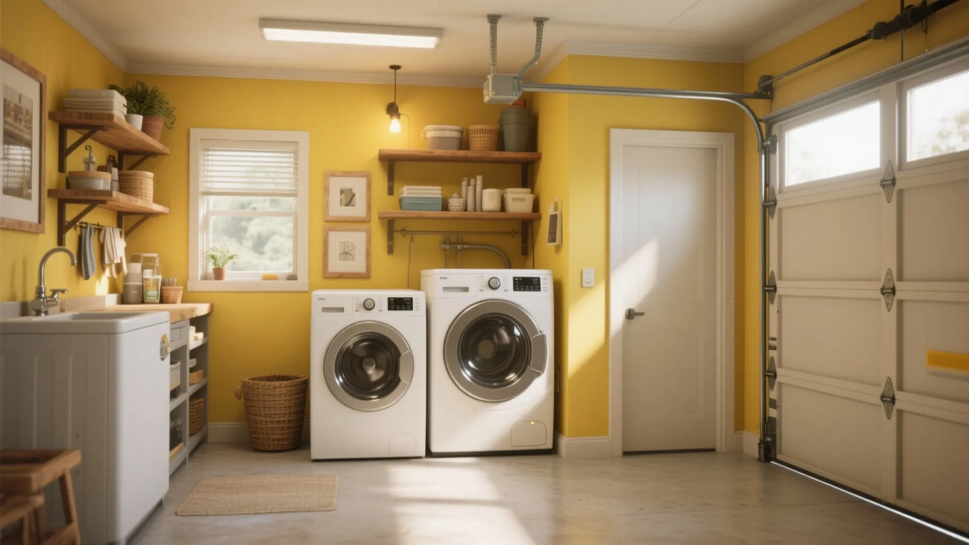 Yellow garage laundry room with white washing machines wooden shelves basket sink and white garage door