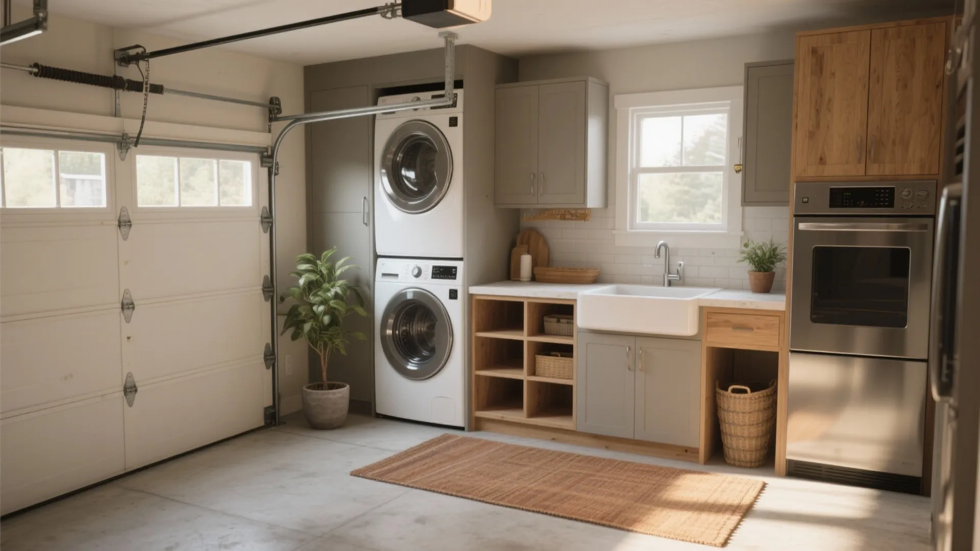 Modern garage laundry room with white stacked washing machines grey cabinets and a large sink