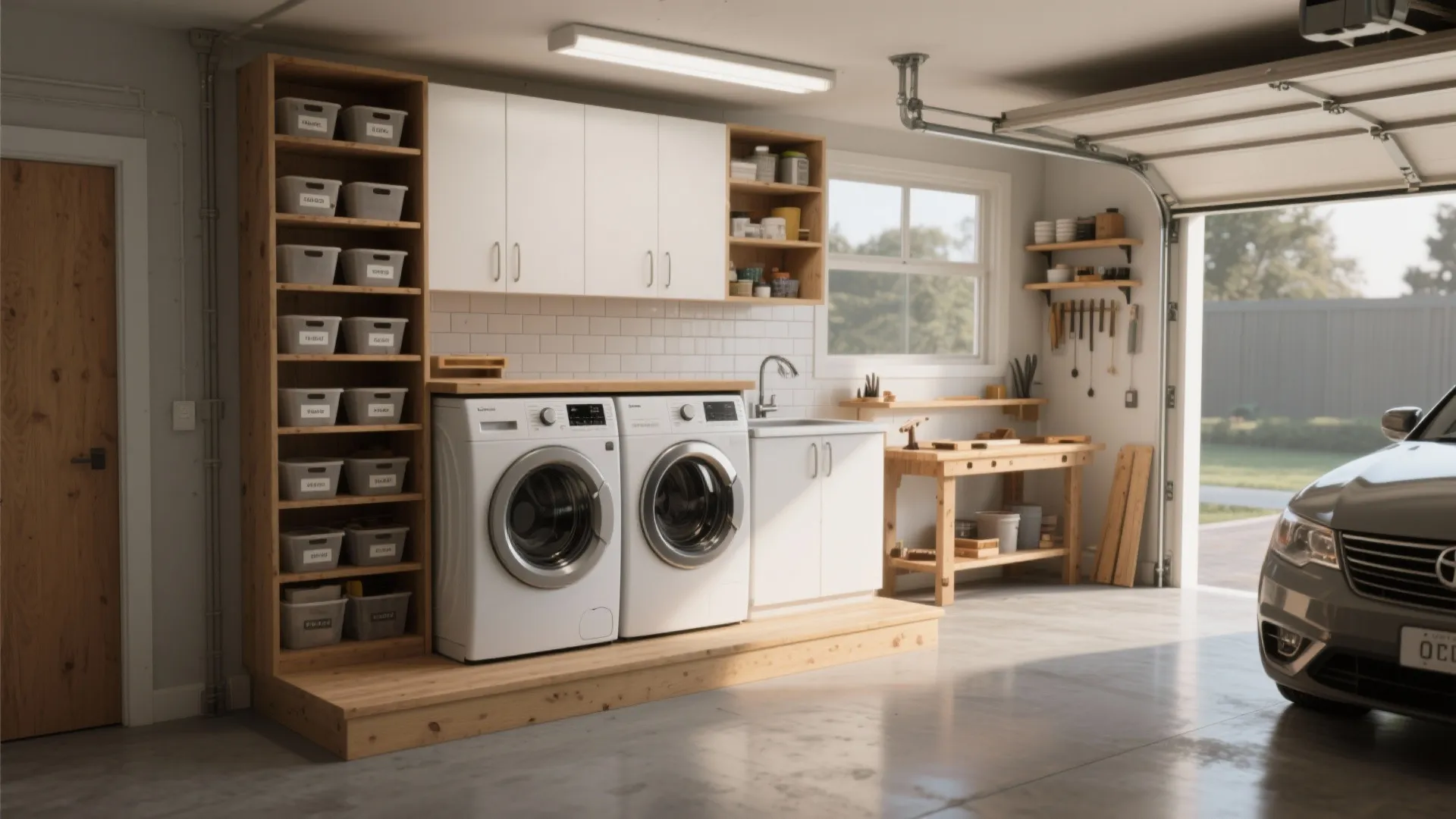 Garage laundry room with washing machine dryer white cabinets wooden shelves workbench and car parked inside