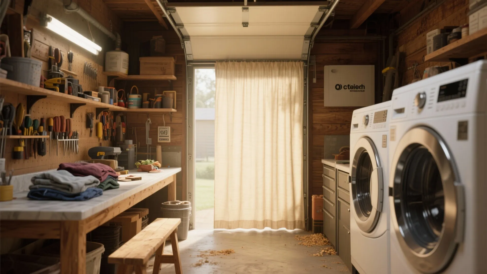 Garage interior showing a wooden workbench with tools next to a white washing machine dryer