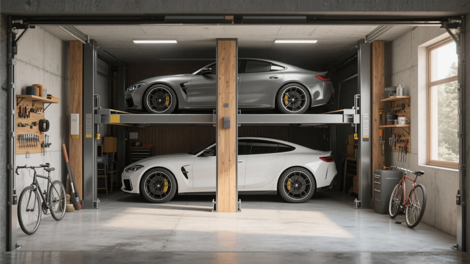 Double deck car lift system inside a home garage with tools and bicycles on display