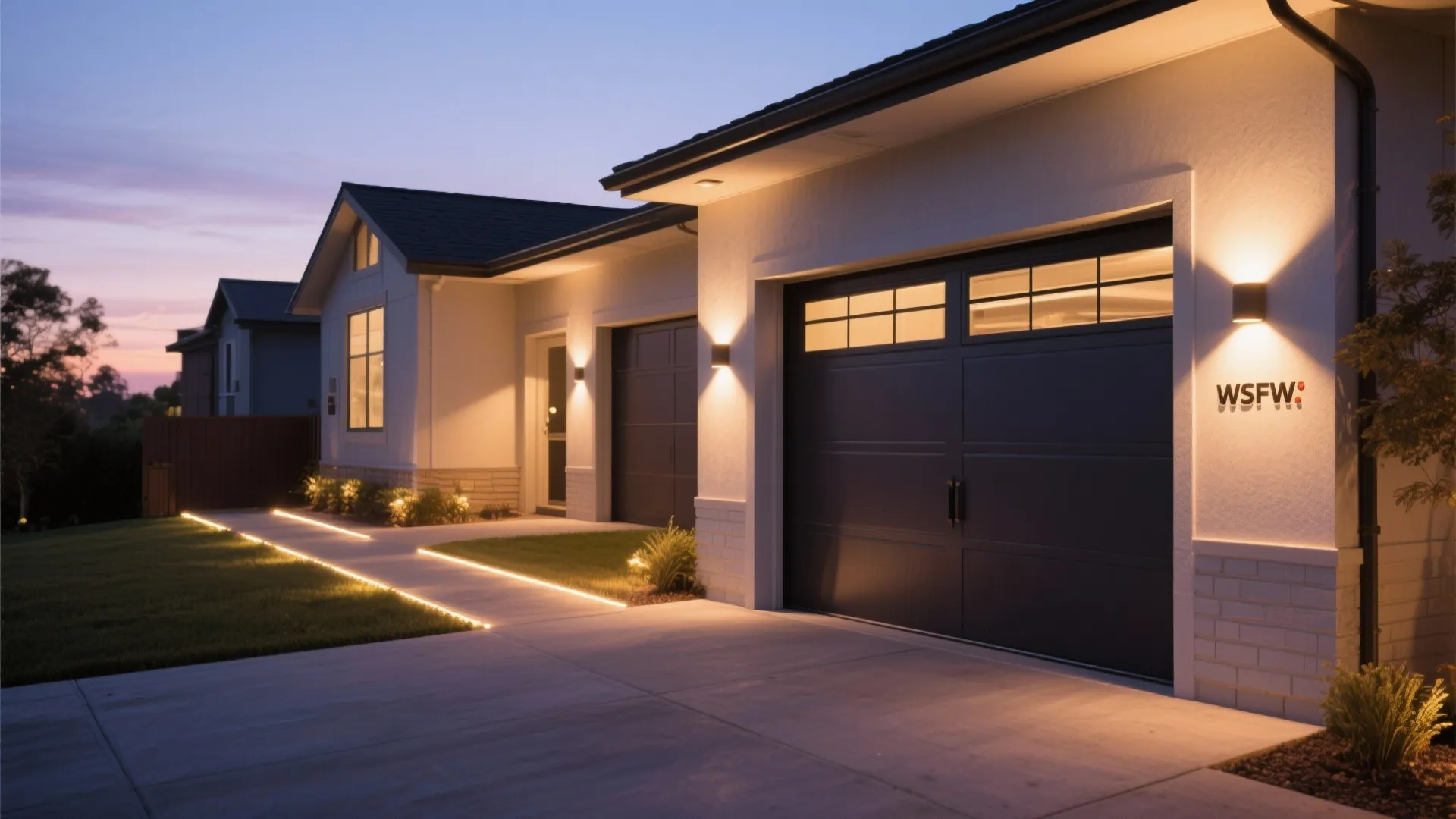 Garage exterior illuminated with LED path and spotlights