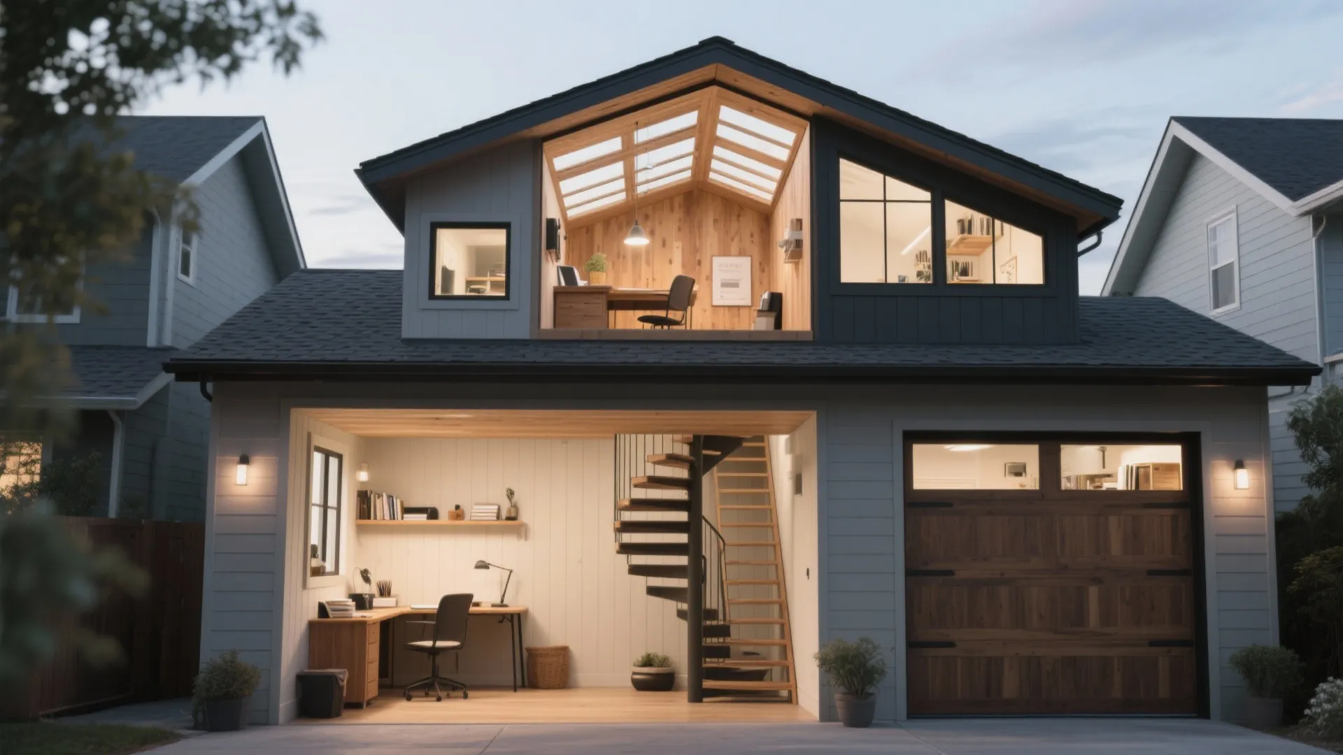 Modern garage conversion into home office with spiral stairs wooden walls and bright roof window
