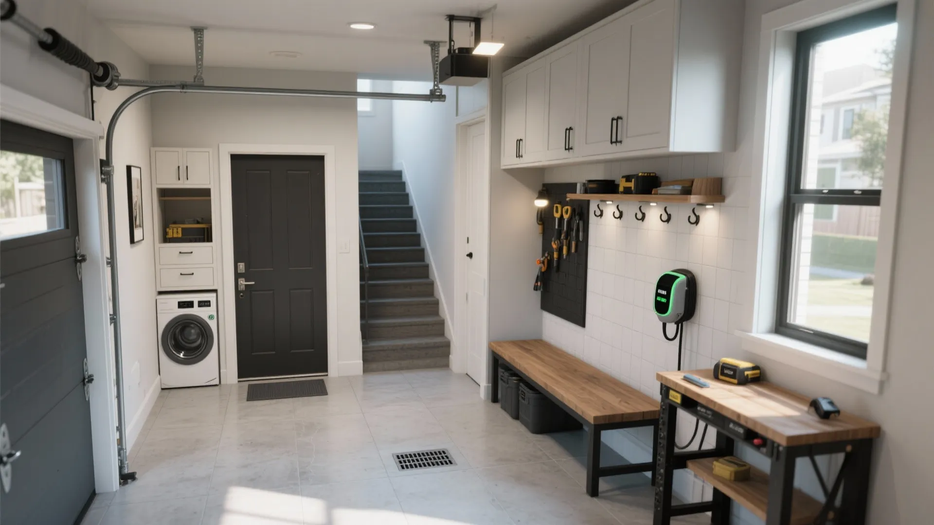 Clean organized garage with white cabinets wooden bench washing machine stairs and wall mounted tool storage