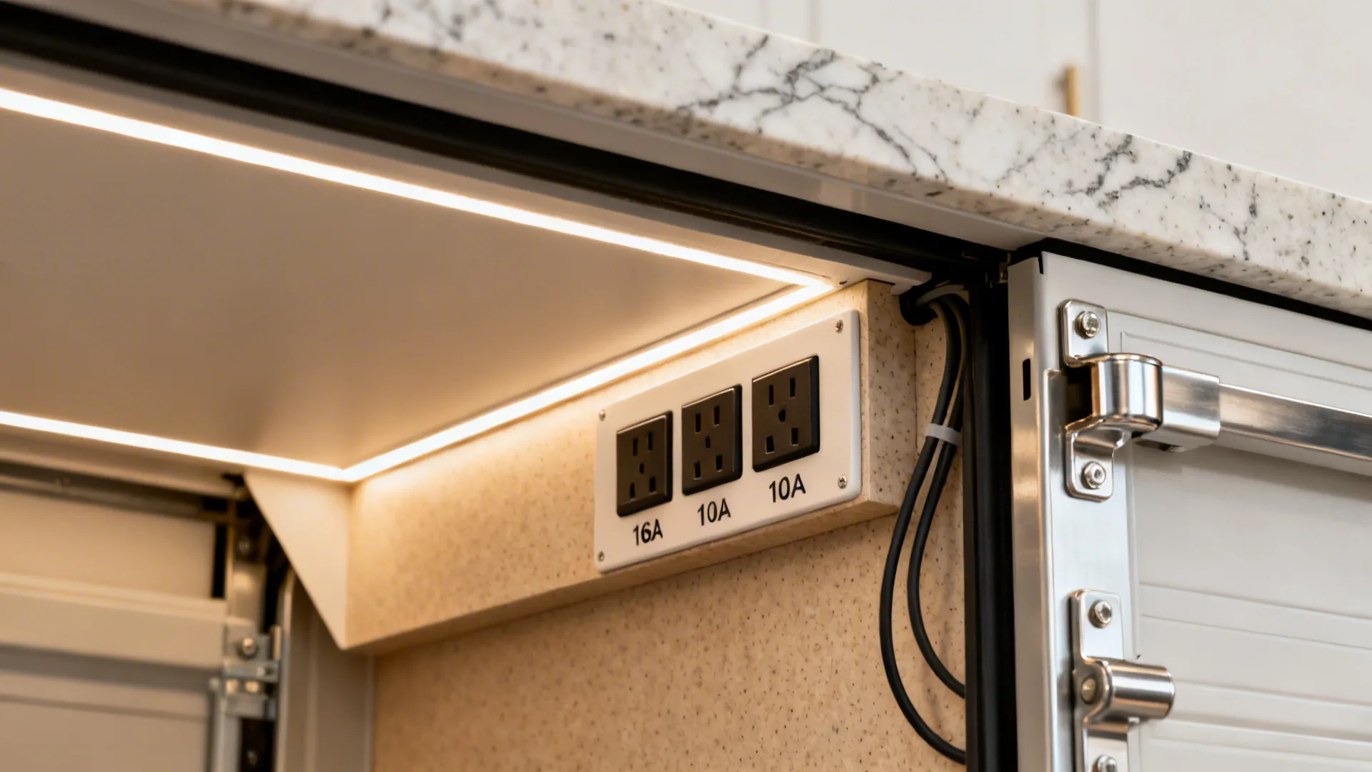 Macro view of outlet panel and heat-resistant base inside an appliance garage with tidy cable routing.