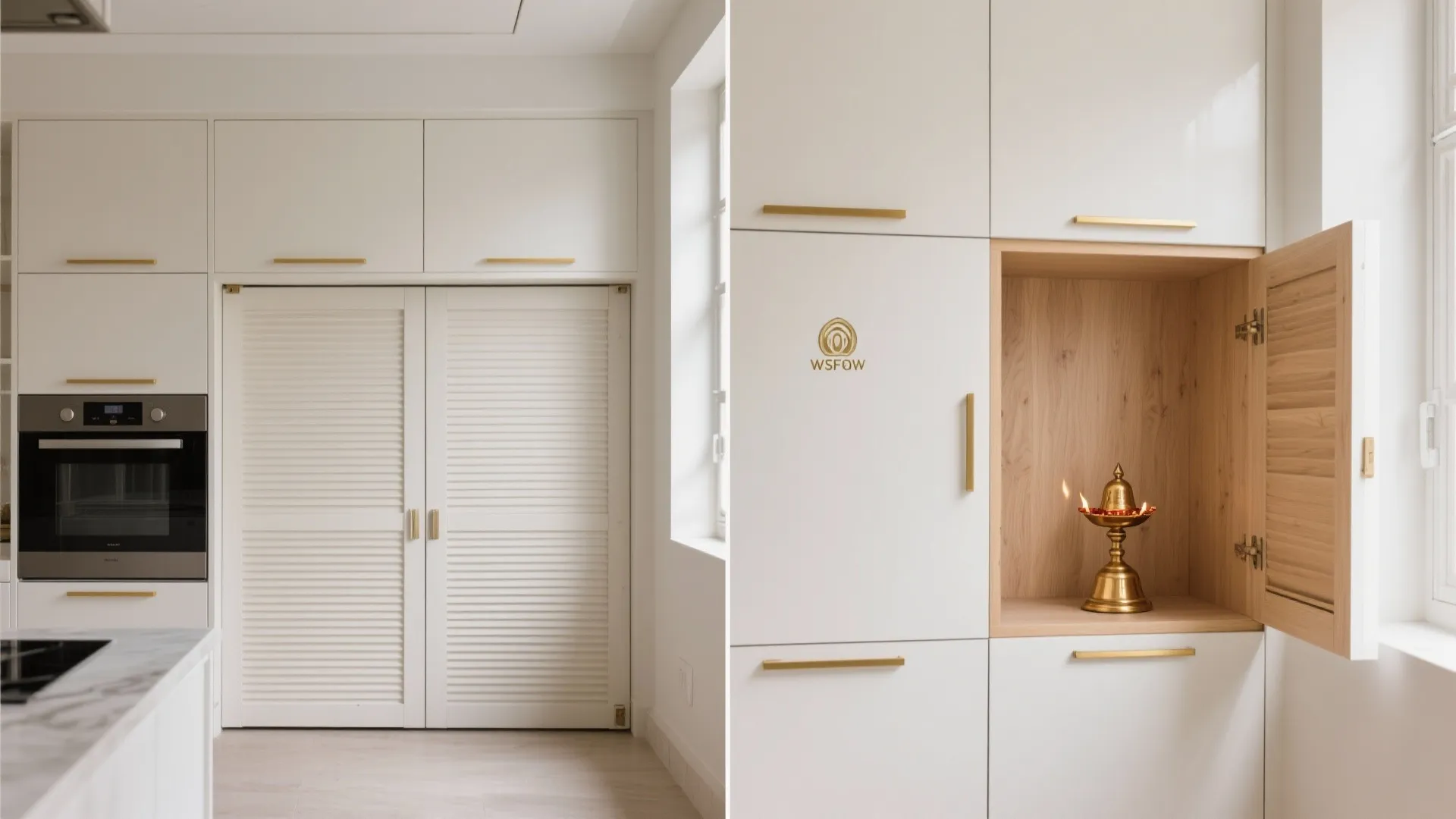 Minimalist pooja cabinet with appliance-garage doors