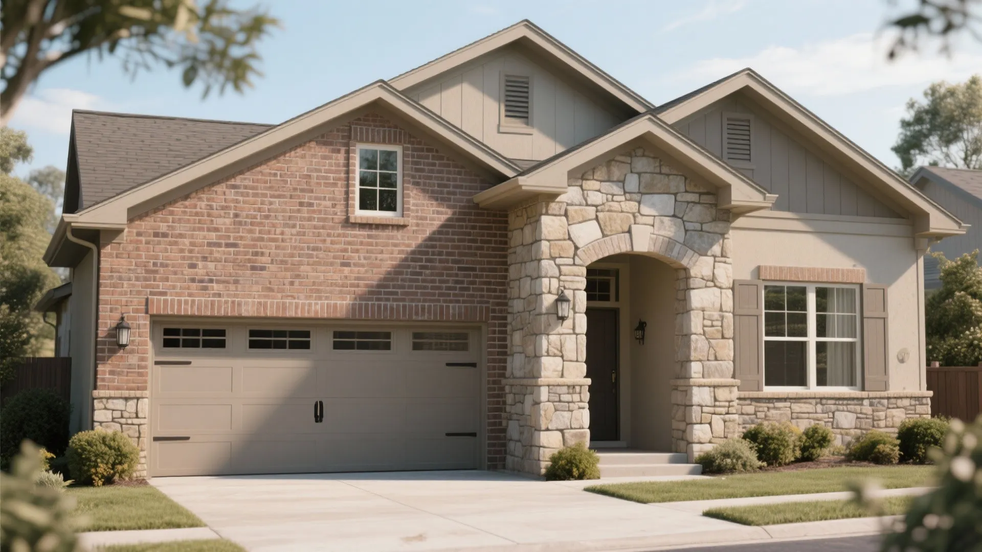 Garage exterior blending with house materials for a unified look