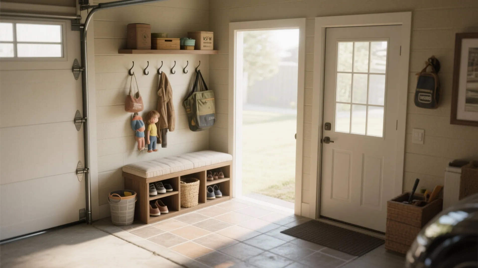 Garage-to-mudroom drop zone with bench, shoe cubby, and wall hooks for a tidy arrival.