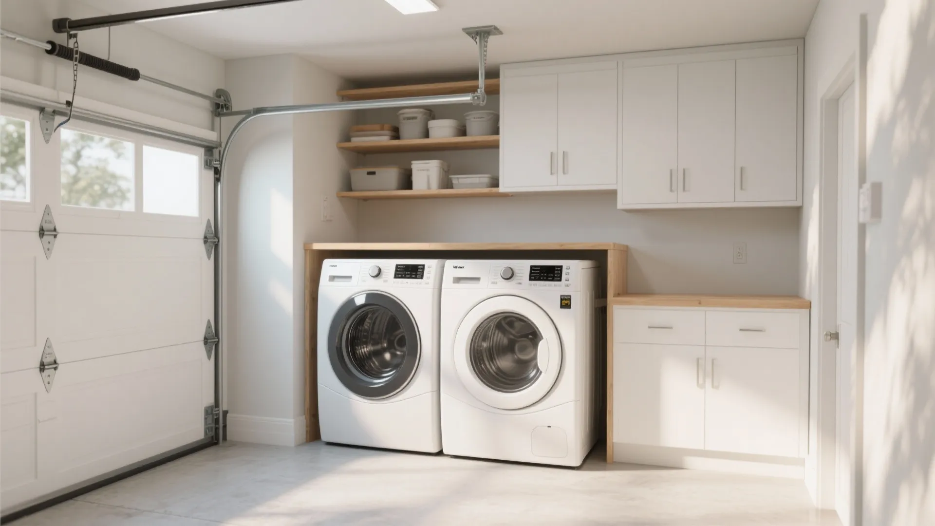 Modern garage laundry nook with white washing machines wood counter white cabinets and open wall shelves