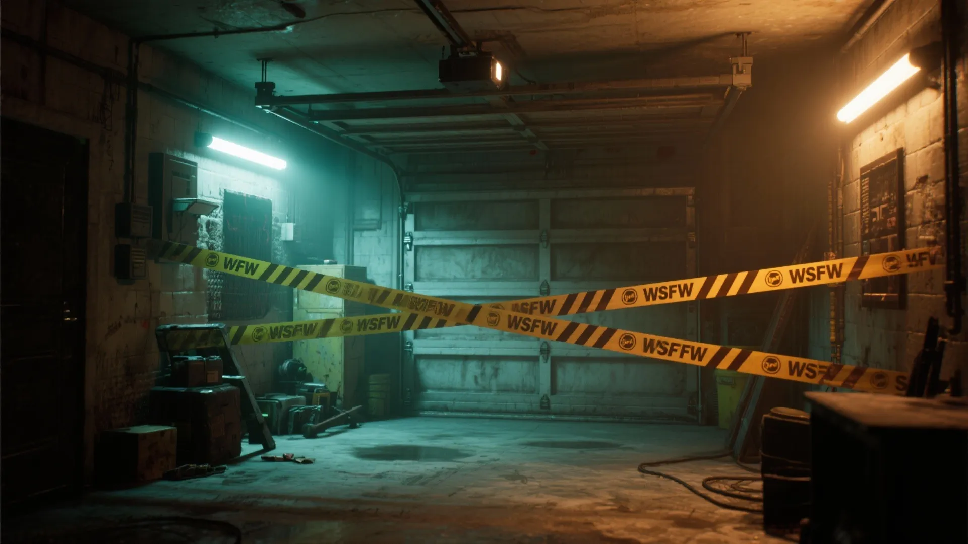 Garage closed with caution tape and strobe lights