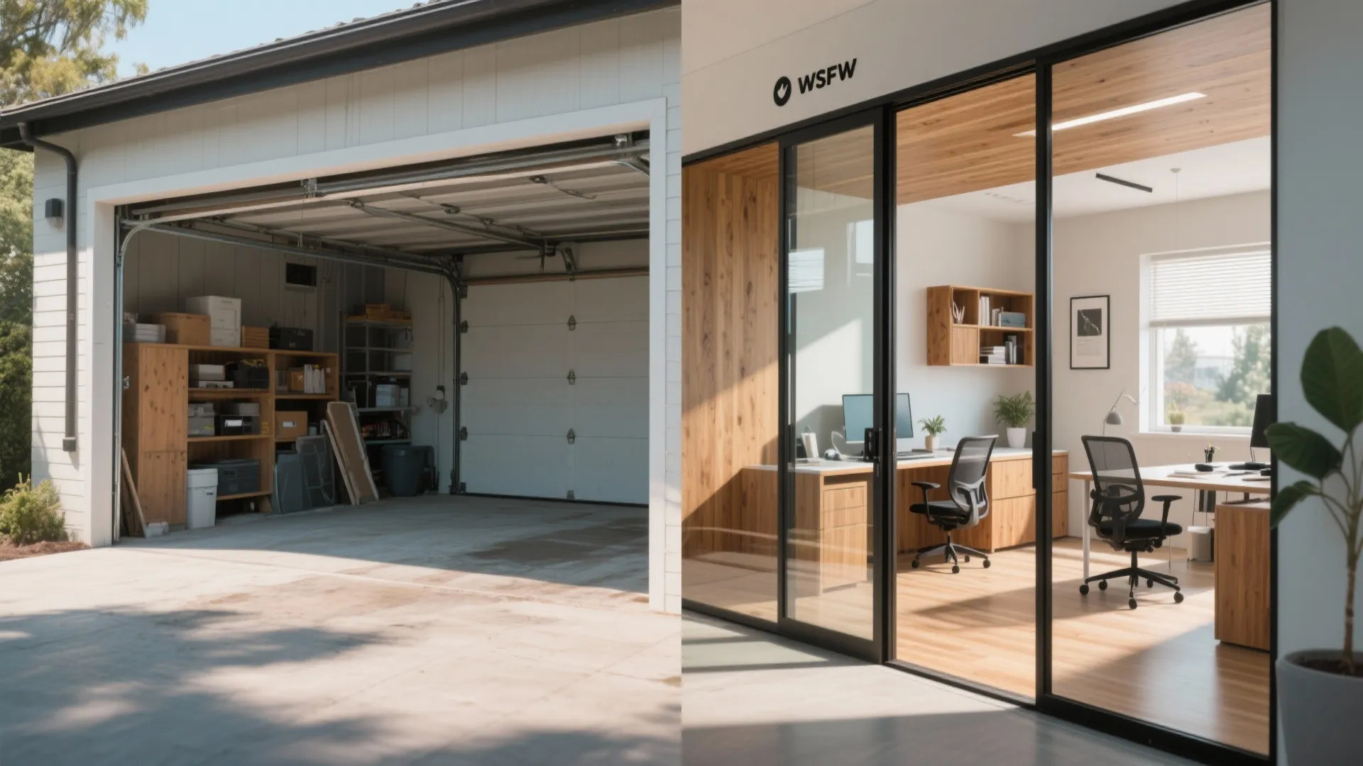 Before and after conversion of a garage to a stylish office