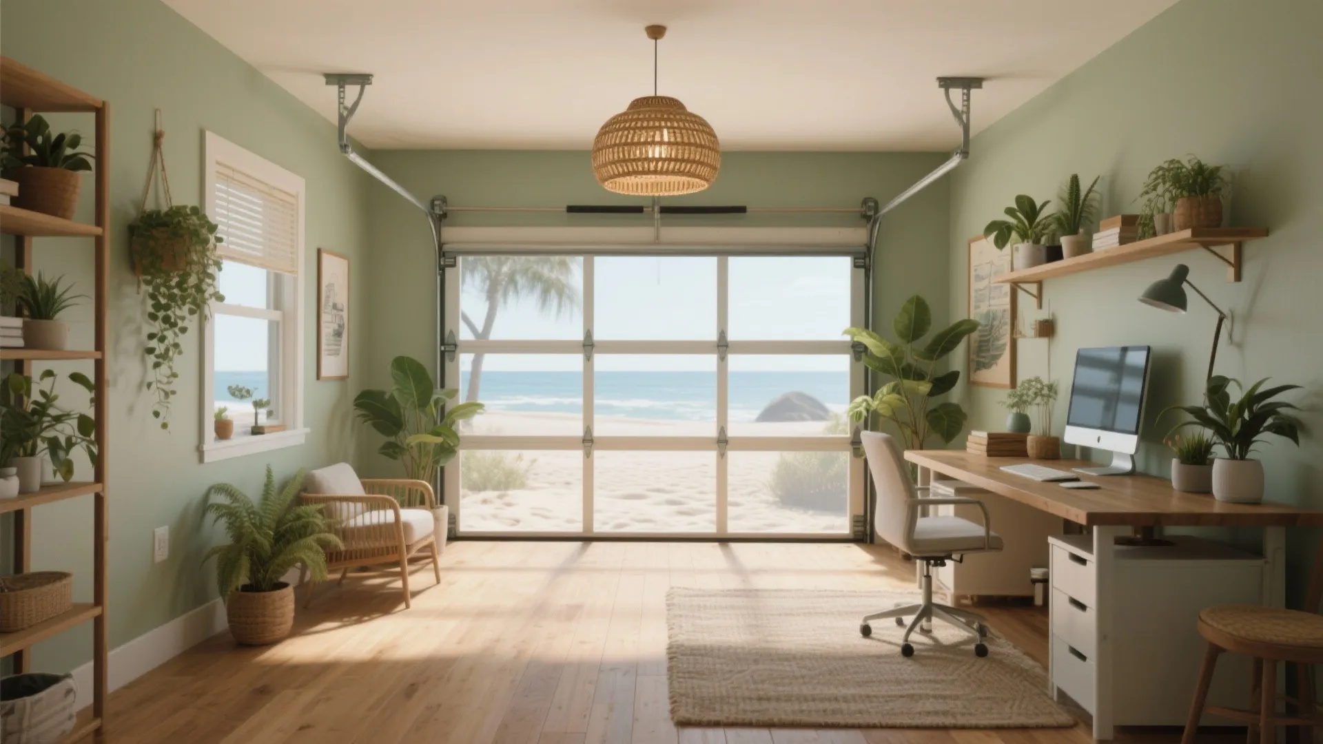 Modern garage office with green walls, beach view through glass door, desk, and rattan chair