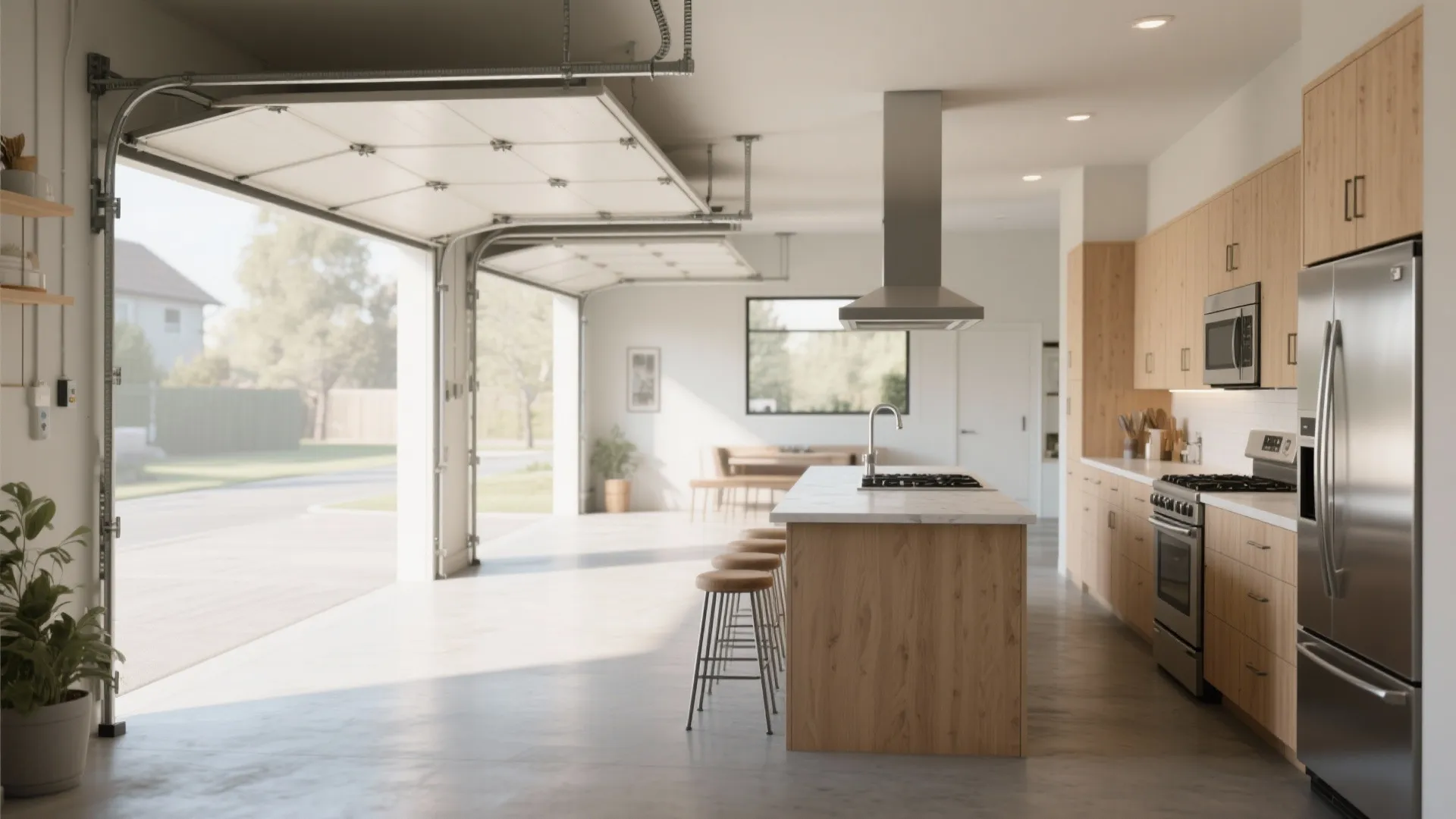Modern kitchen in a garage with open doors wooden island stools and stainless steel appliances