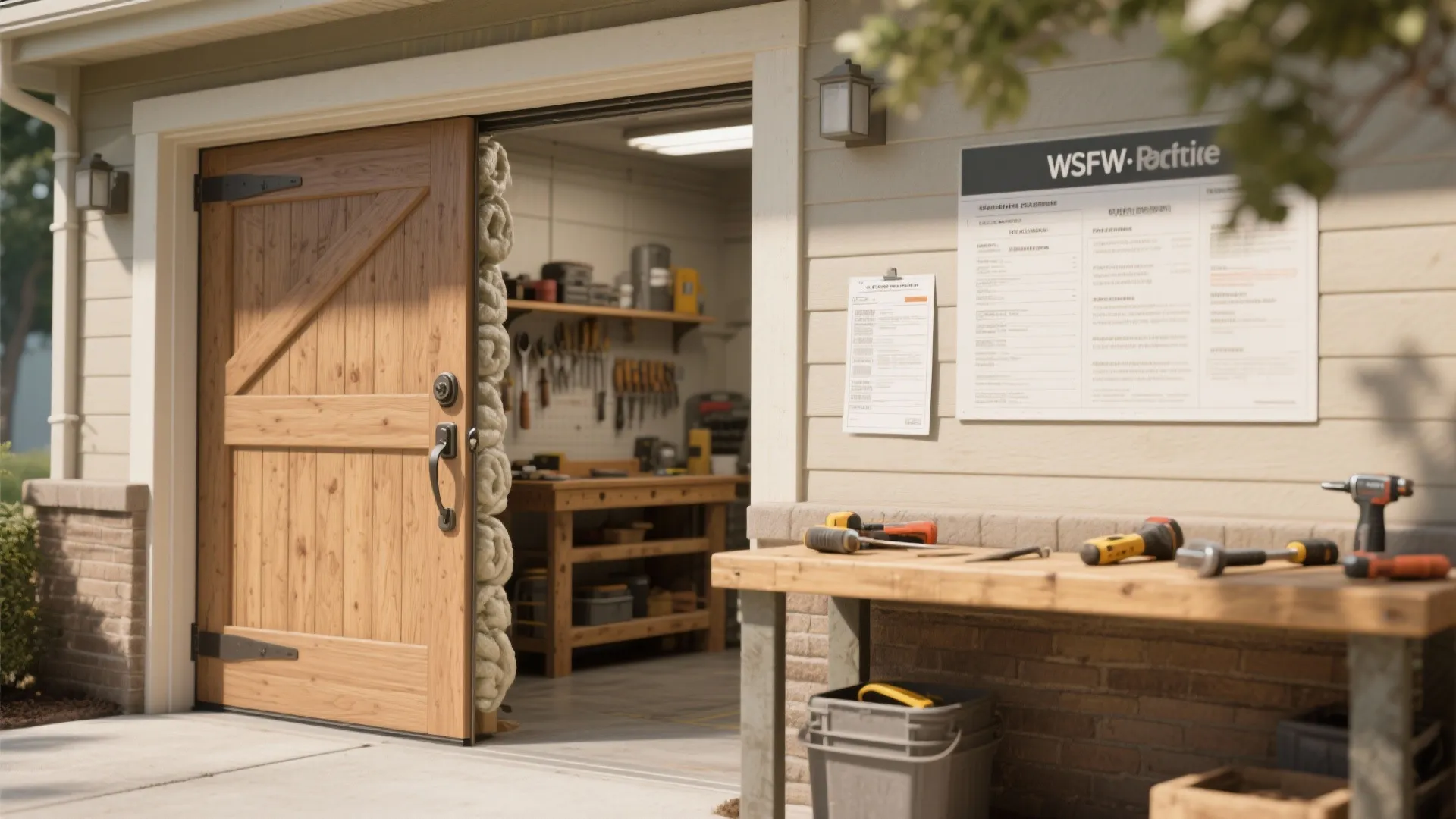 Open wooden garage door revealing a workshop with tools on shelves and a wooden work bench