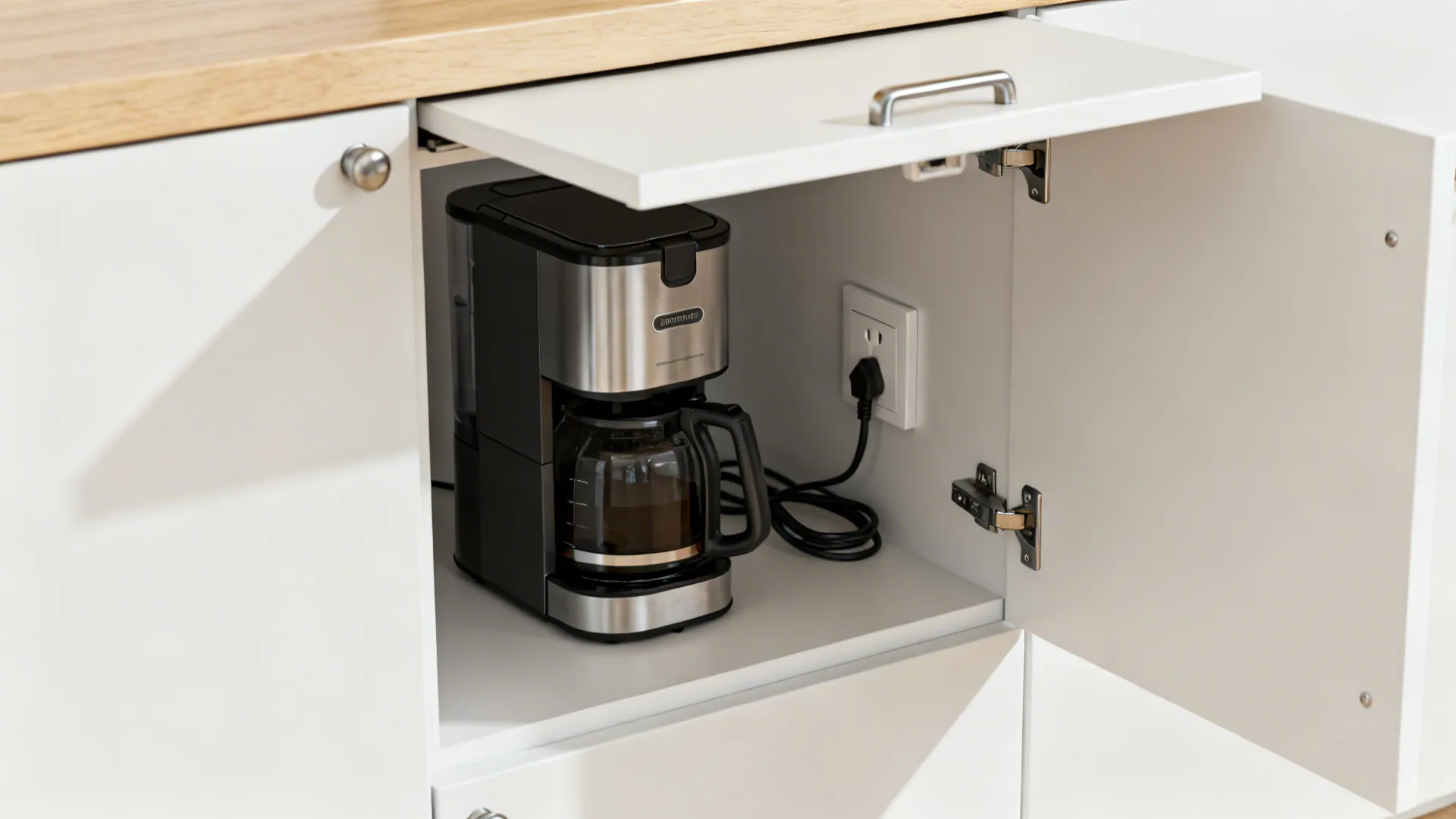 Macro of an appliance garage with flip-up door and concealed outlet for a coffee maker.