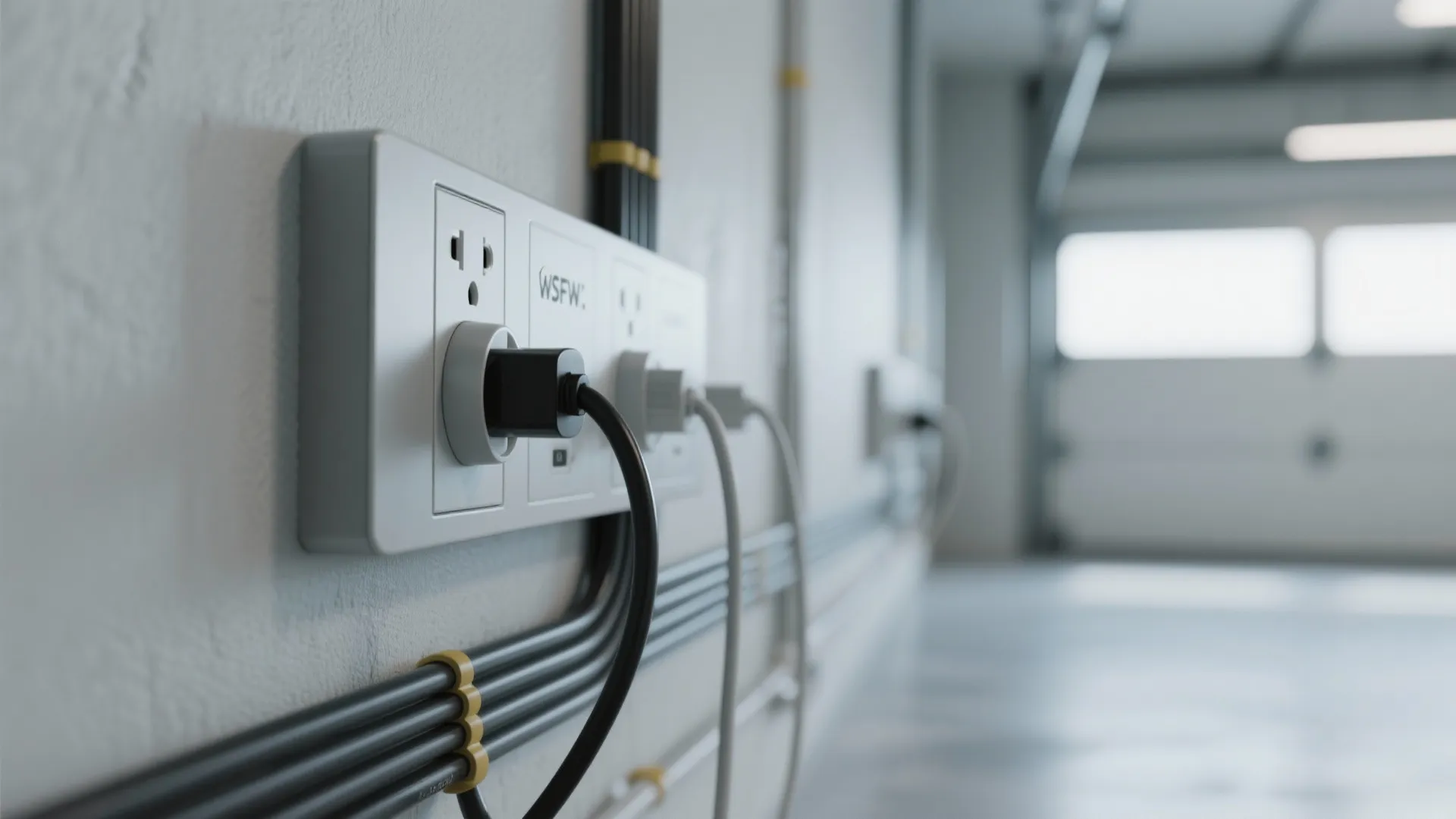 White wall outlets with black and white power cables plugged in near garage door background scene