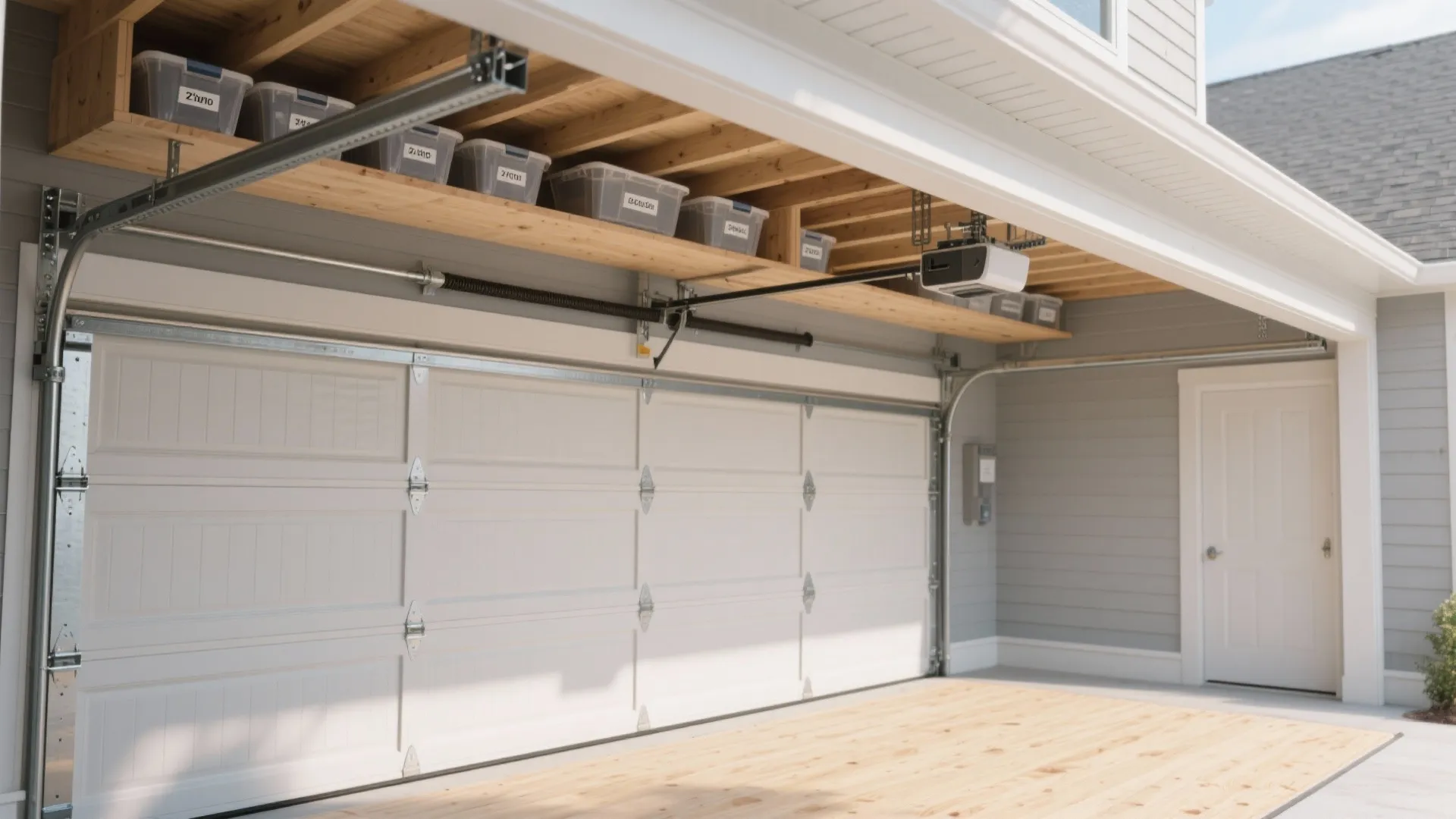 White sectional garage door with wooden overhead storage shelves holding plastic bins and organized home items