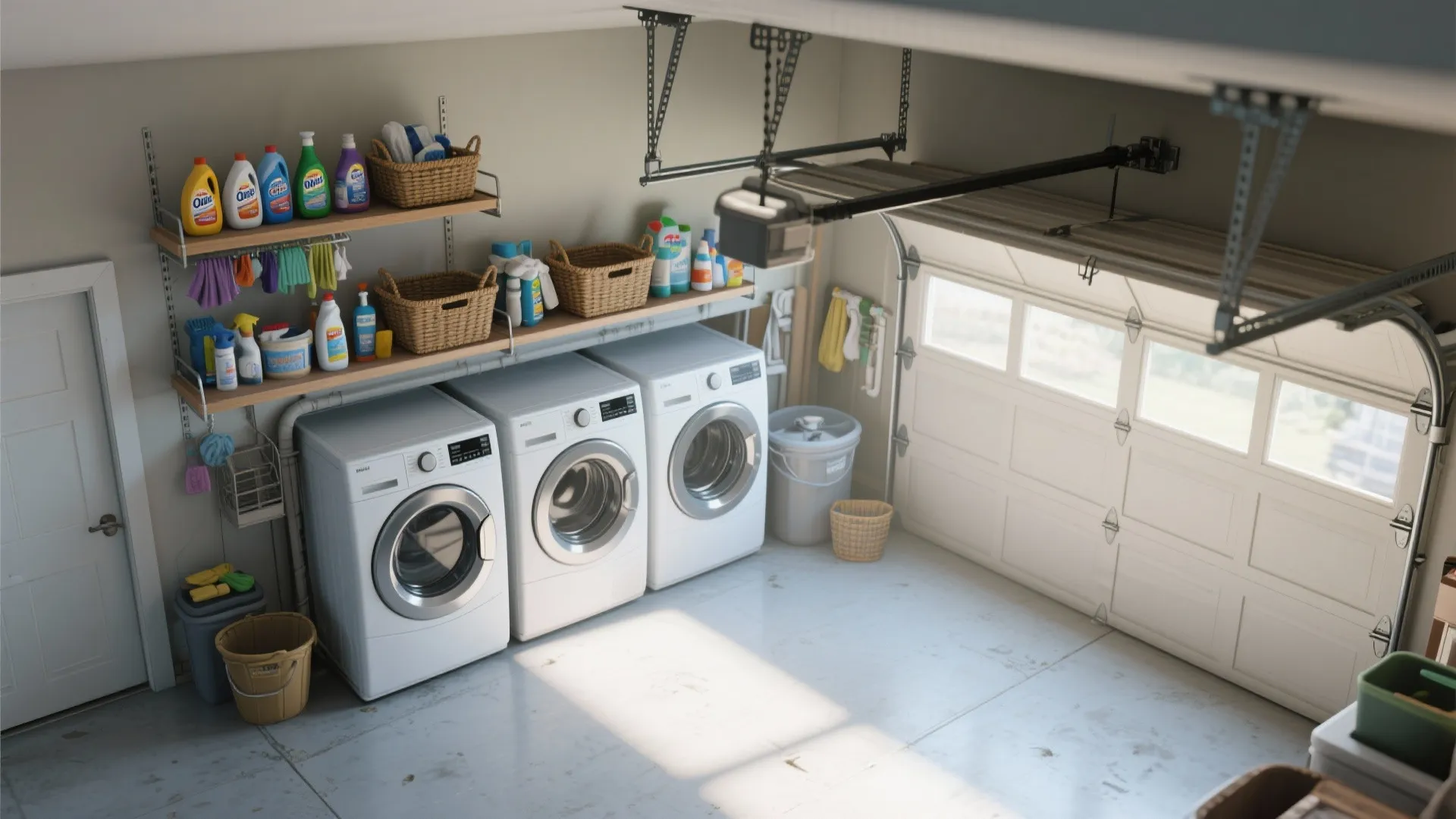 Interior design drawing of three white washing machines with overhead wood shelves and organized laundry supplies
