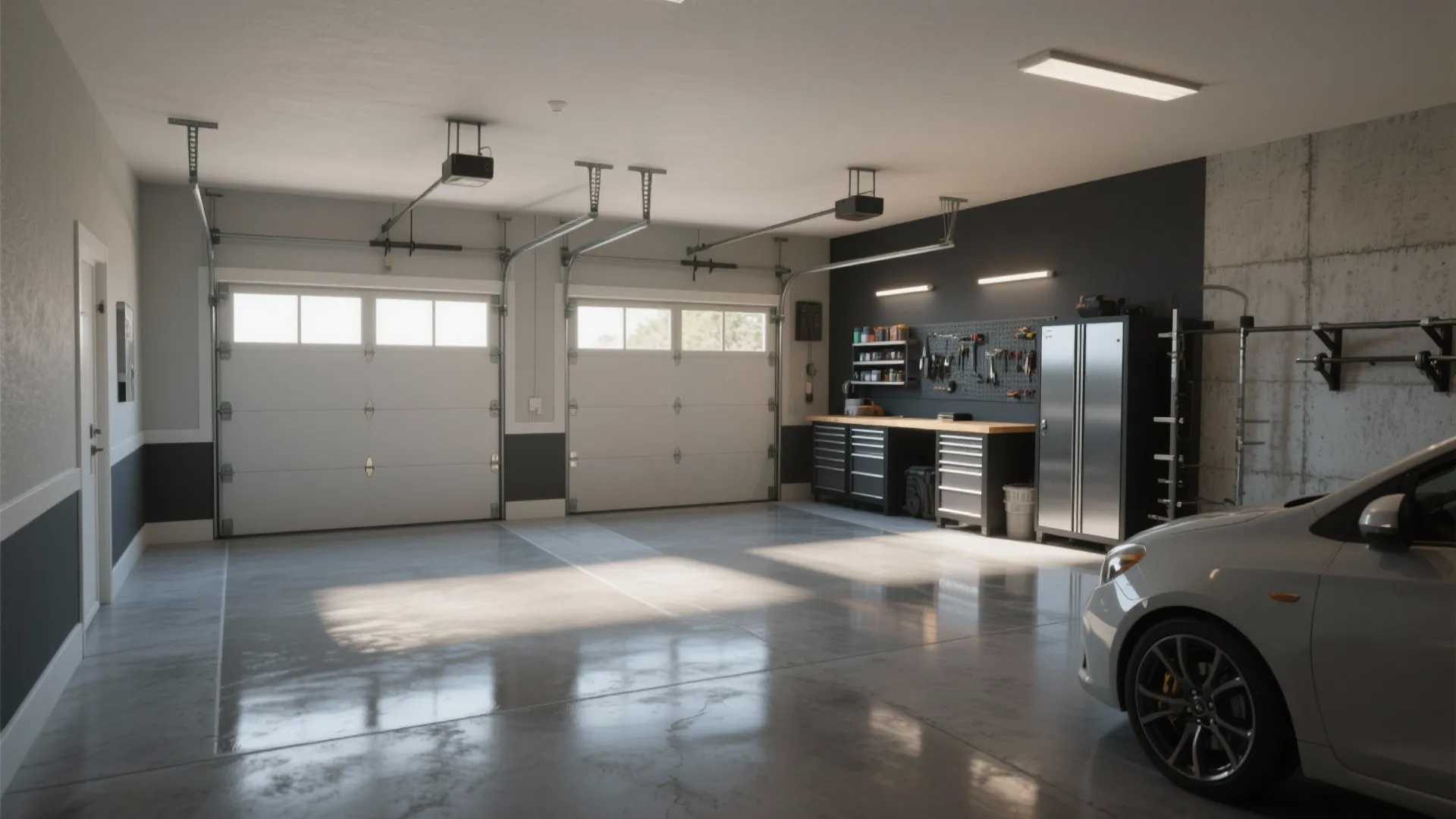 Modern clean garage interior with shiny floor white doors black wall and organized tool storage workbench