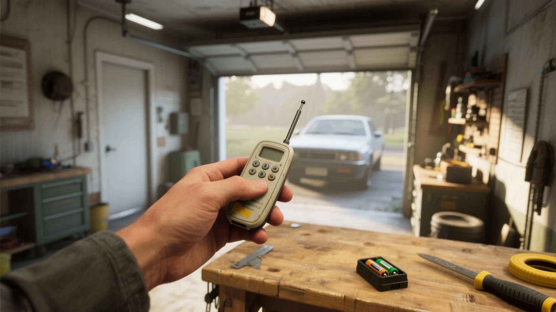 Hand holding grey remote inside workshop garage with car parked outside through open door way
