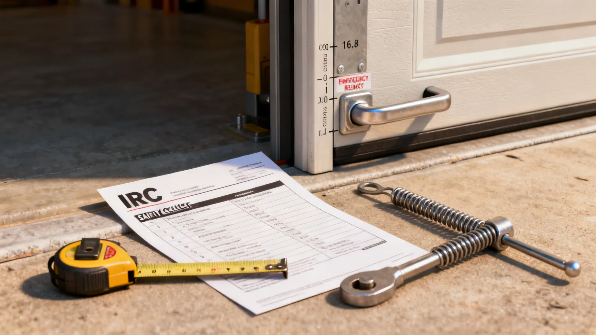 Garage door safety check with a paper checklist tape measure metal springs and hand tools