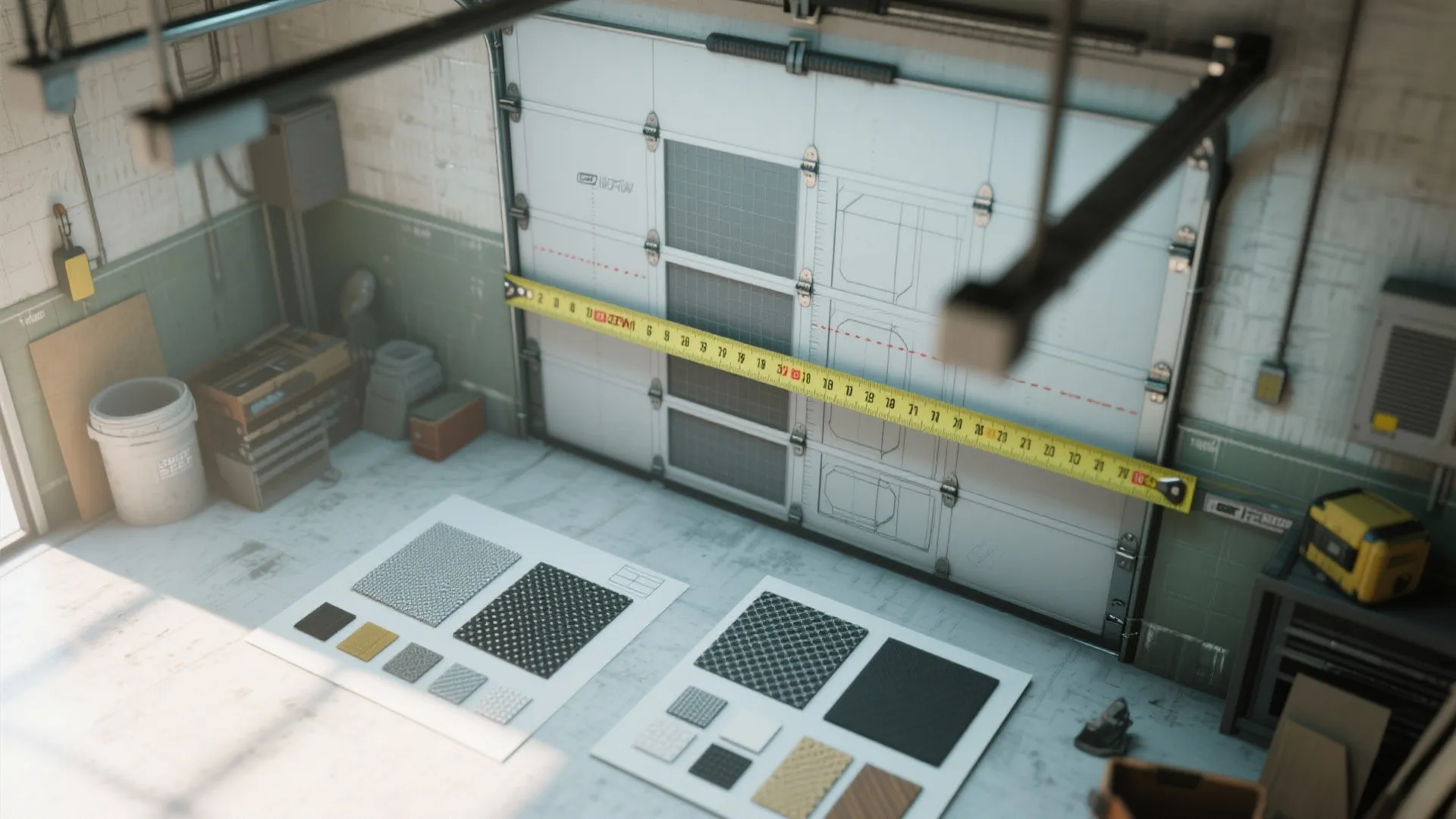 Garage door measurement with yellow tape measure and sample floor mats displayed on the floor