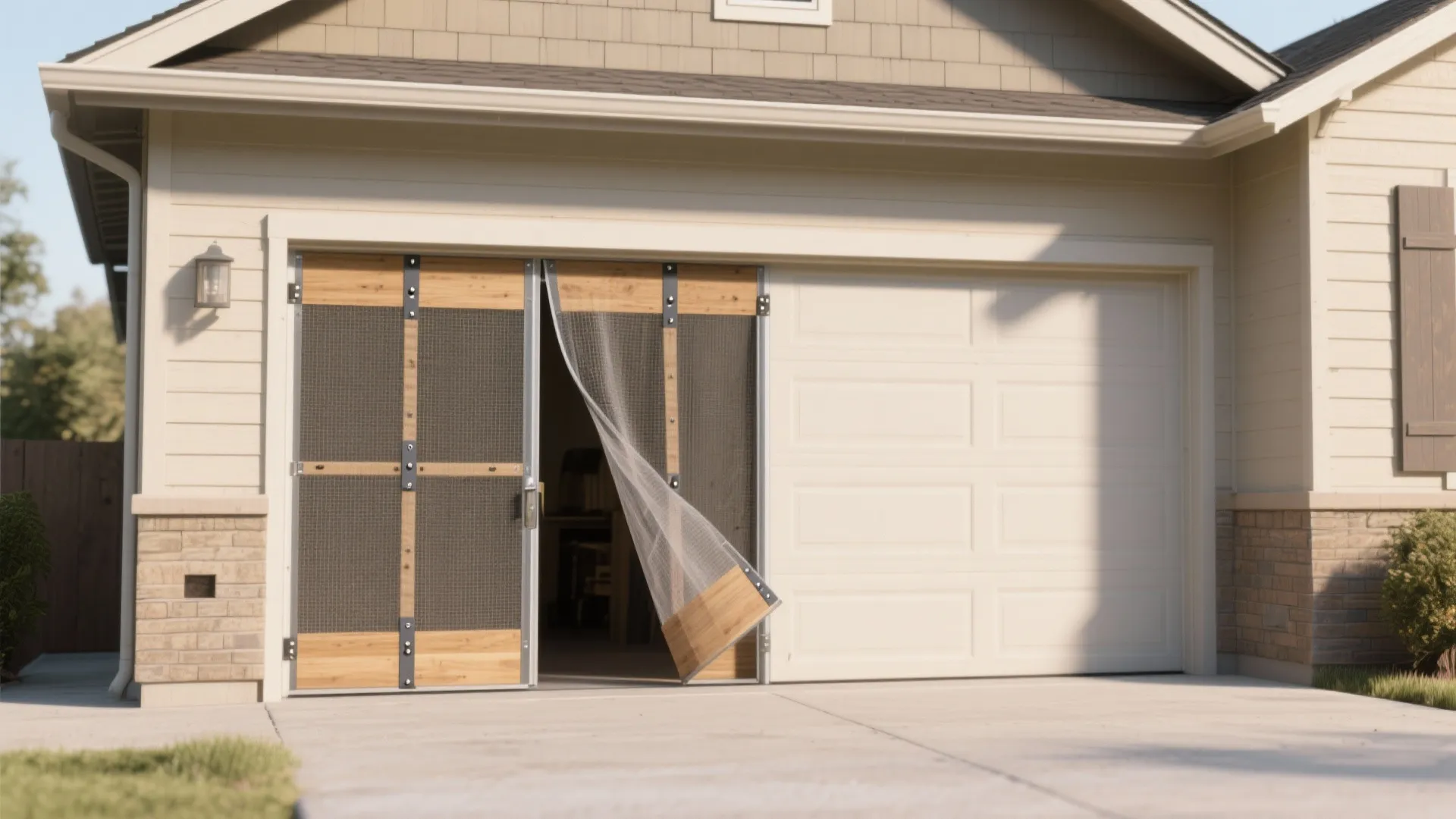 Double garage door with wooden frame mesh screens installed providing ventilation for the interior home space