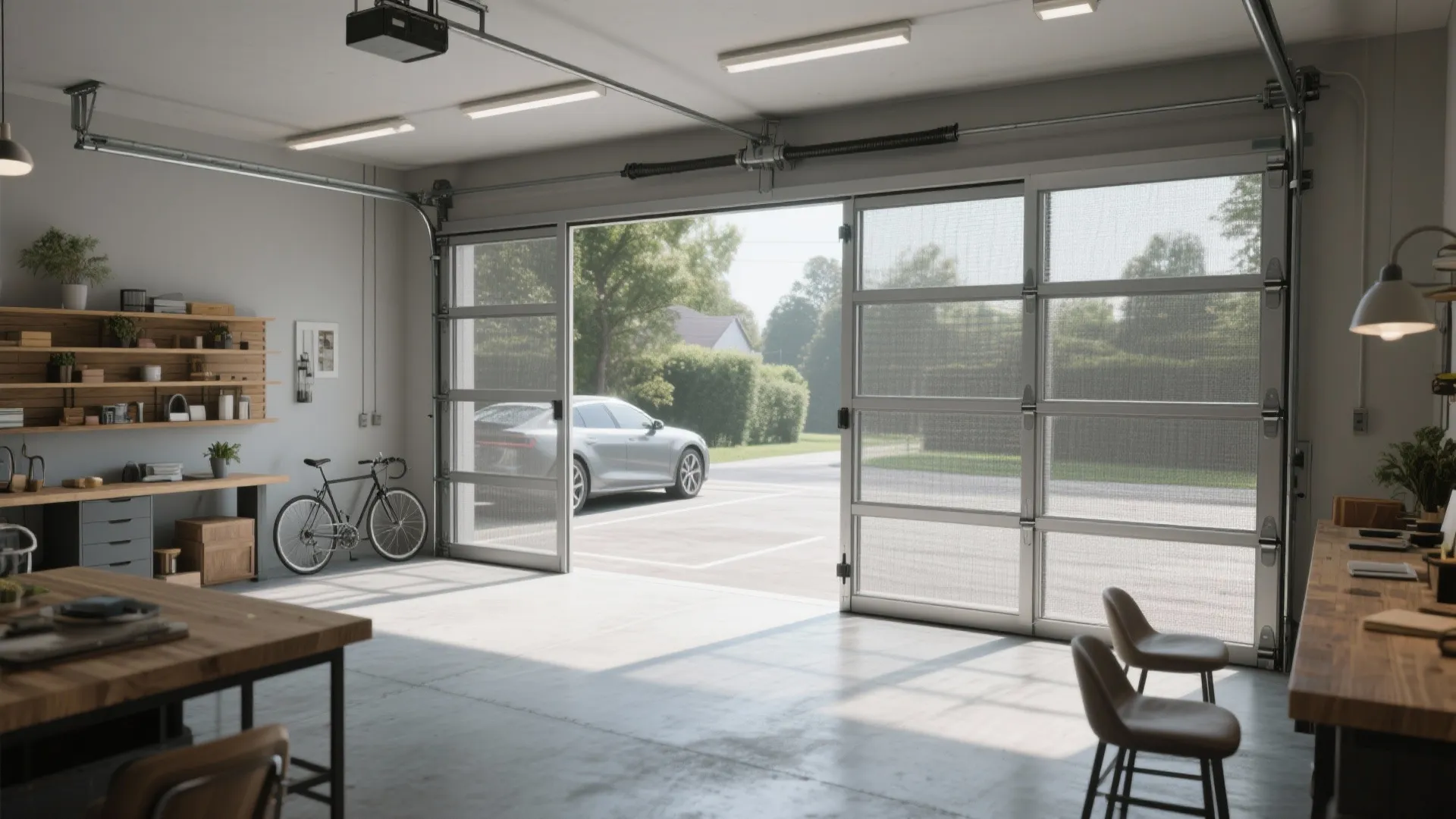 Modern garage with sliding screen doors showing car outside alongside bicycle and wooden work tables