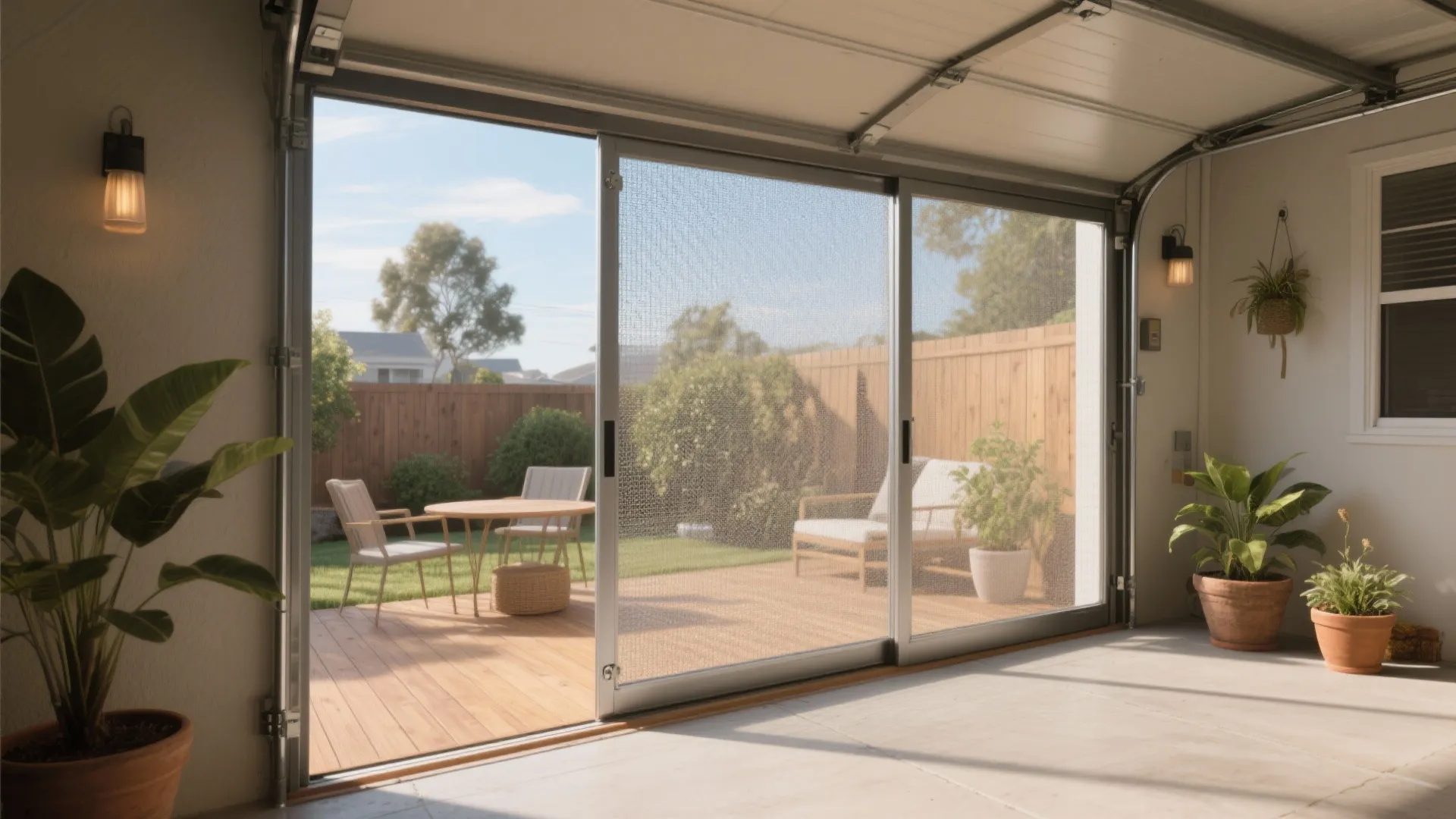 Garage interior with sliding screen doors opening to a wooden deck with outdoor furniture and plants