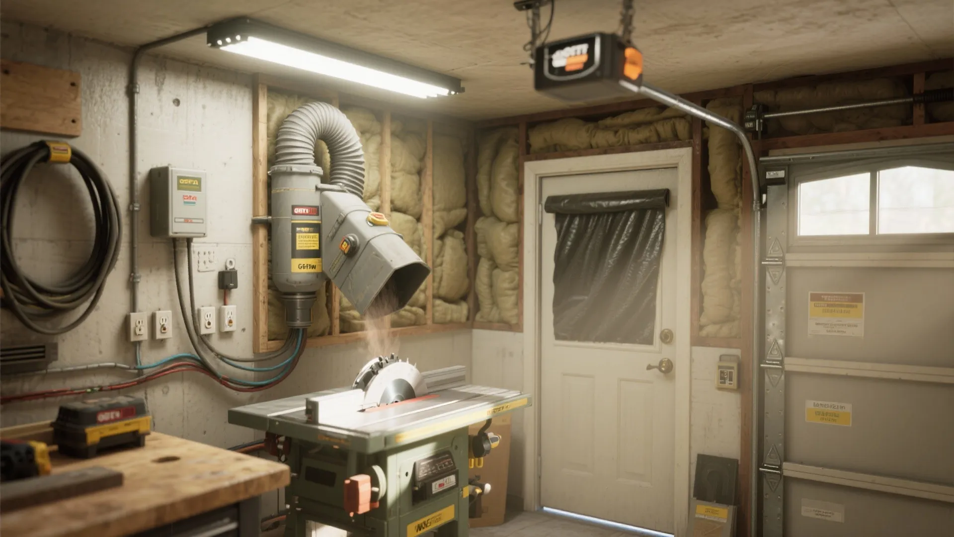 Well equipped garage workshop with table saw dust collector system bright ceiling light and white door