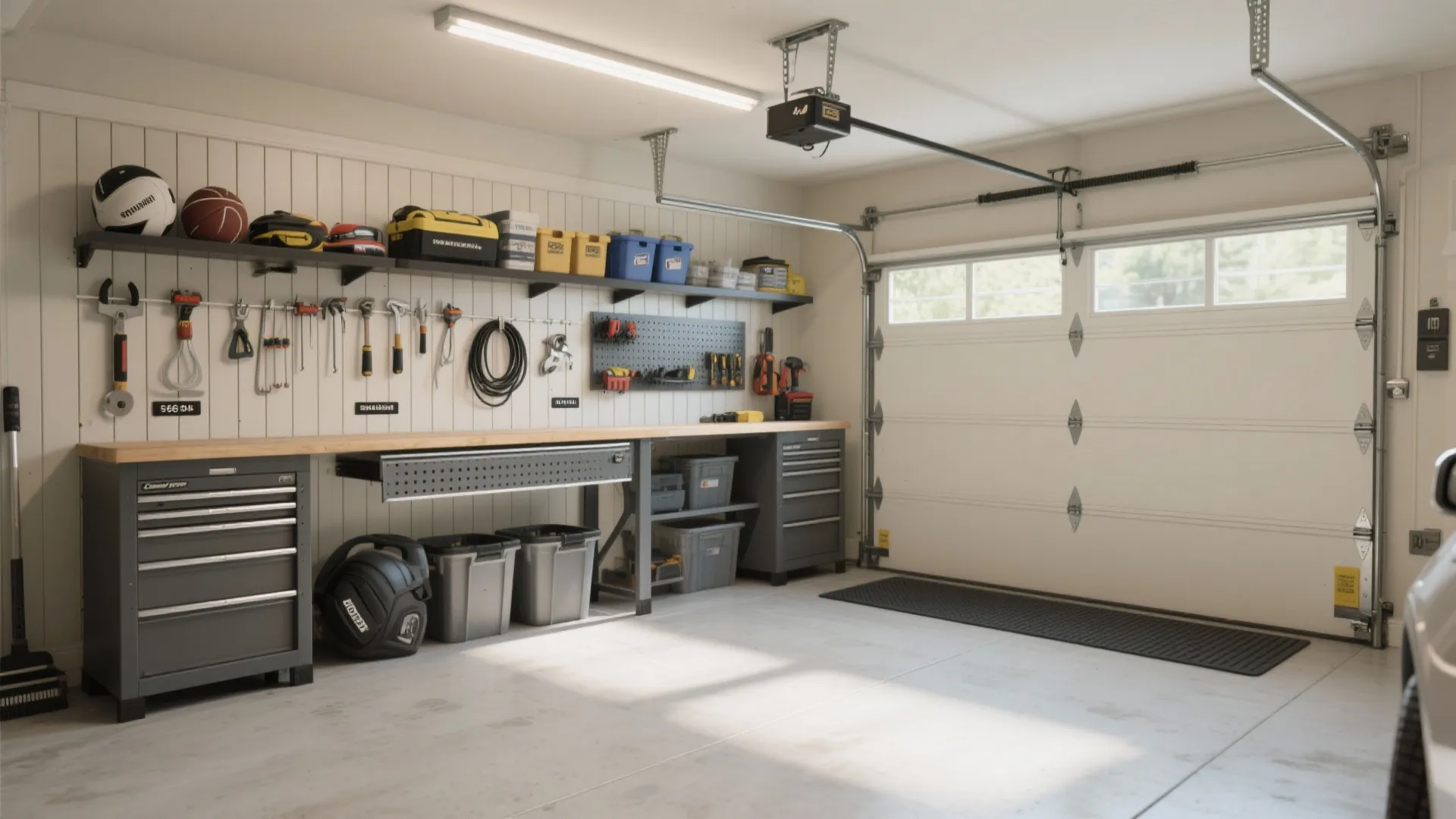 Clean organized garage with wall panels storage shelves gray tool cabinets and a white door