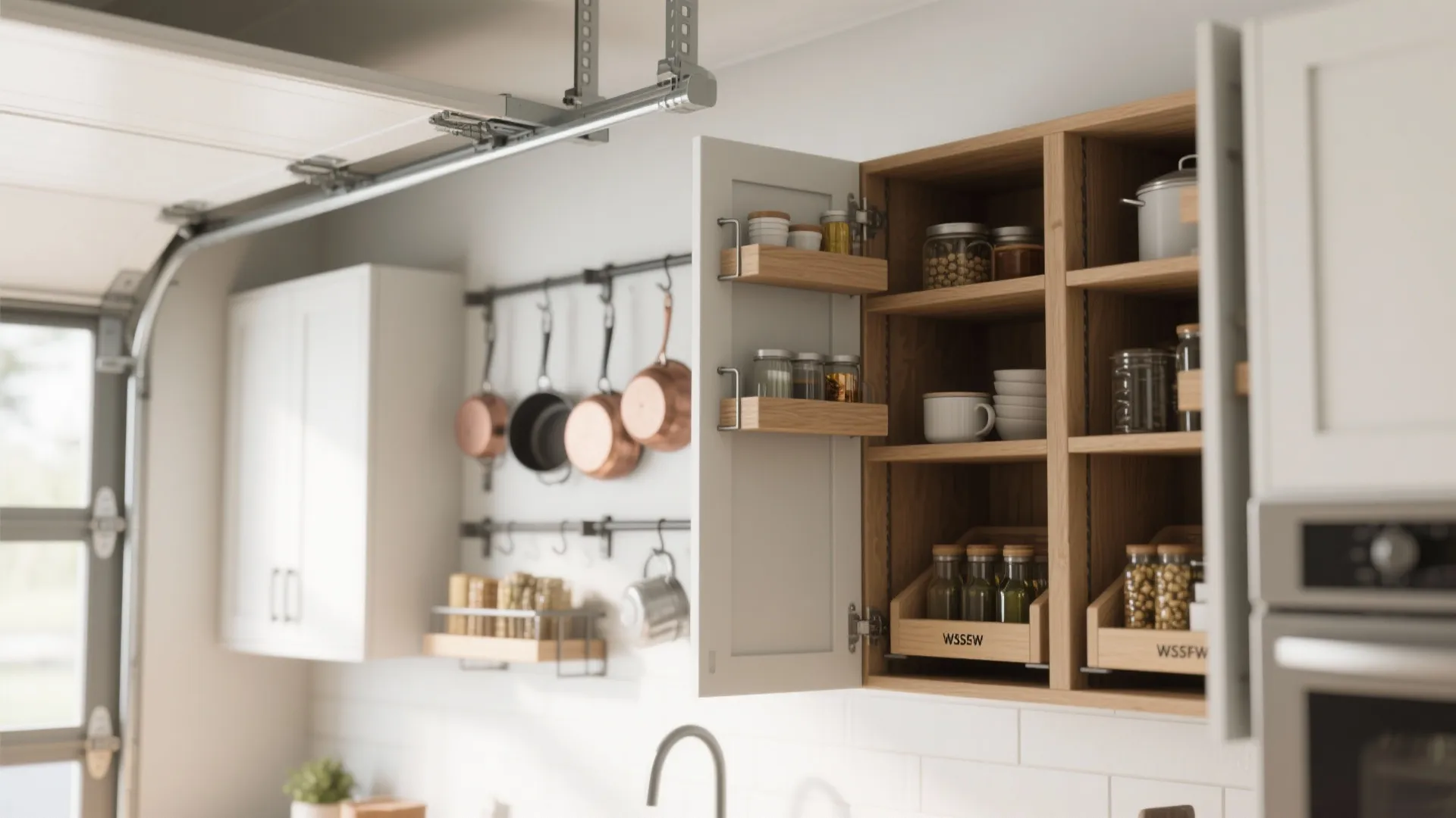 Organized wood cabinet showing kitchen storage with spice jars hanging pots and a garage door