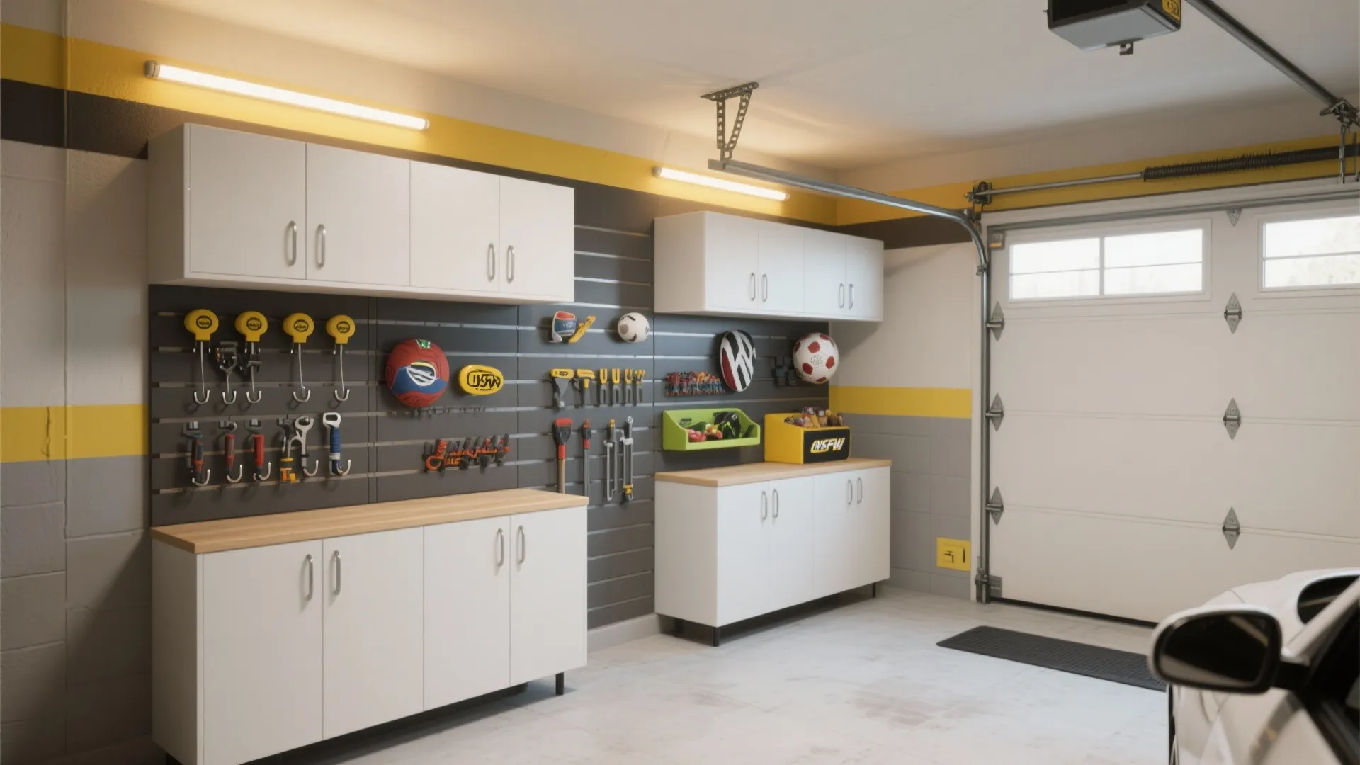 Garage storage wall with white cabinets wall hooks for tools and organized sports equipment area