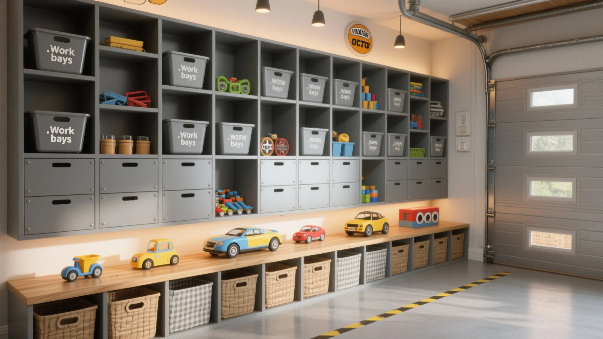Garage storage system with grey wall cabinets wooden bench toy cars and woven baskets organization