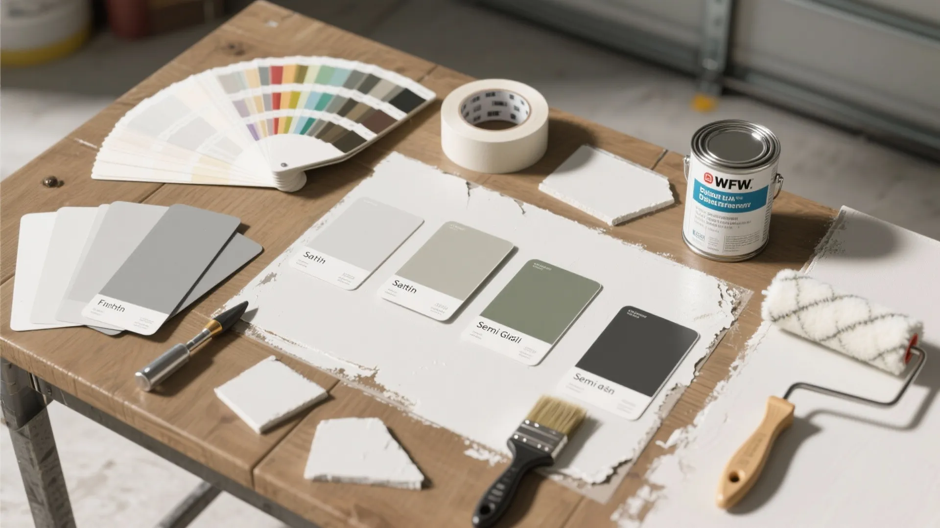 Table with paint swatches and a paint can and a roller and a paint brush