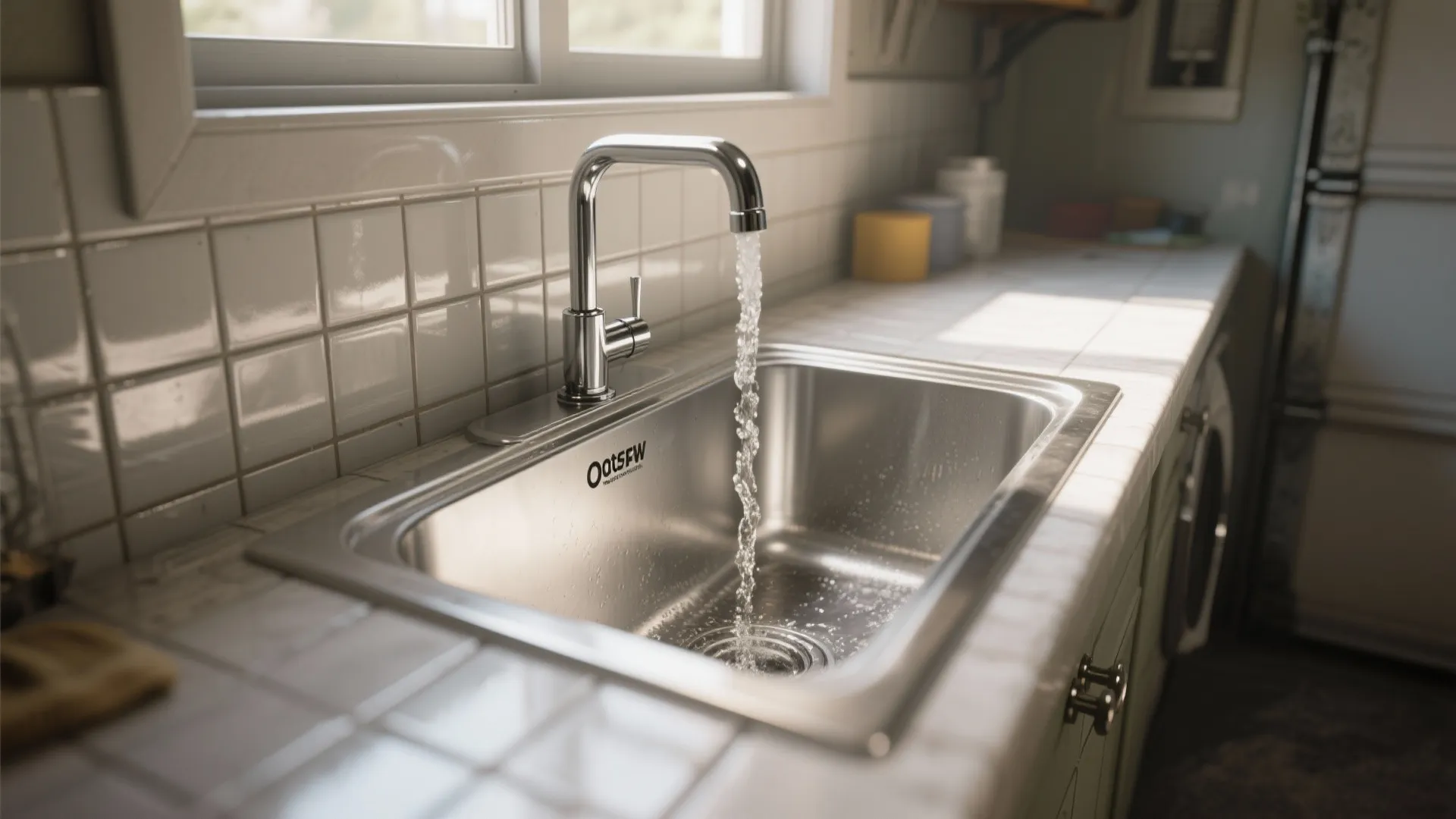 Stainless steel utility sink with running water from a chrome faucet in a laundry room