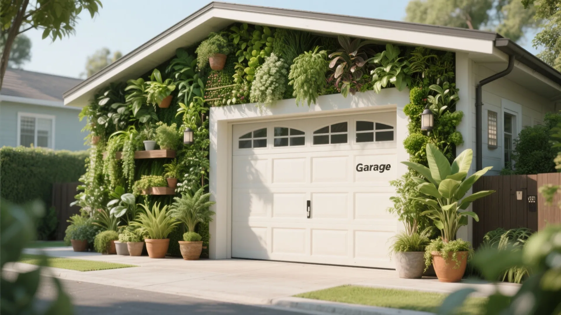 Garage exterior enhanced with vertical garden and plants